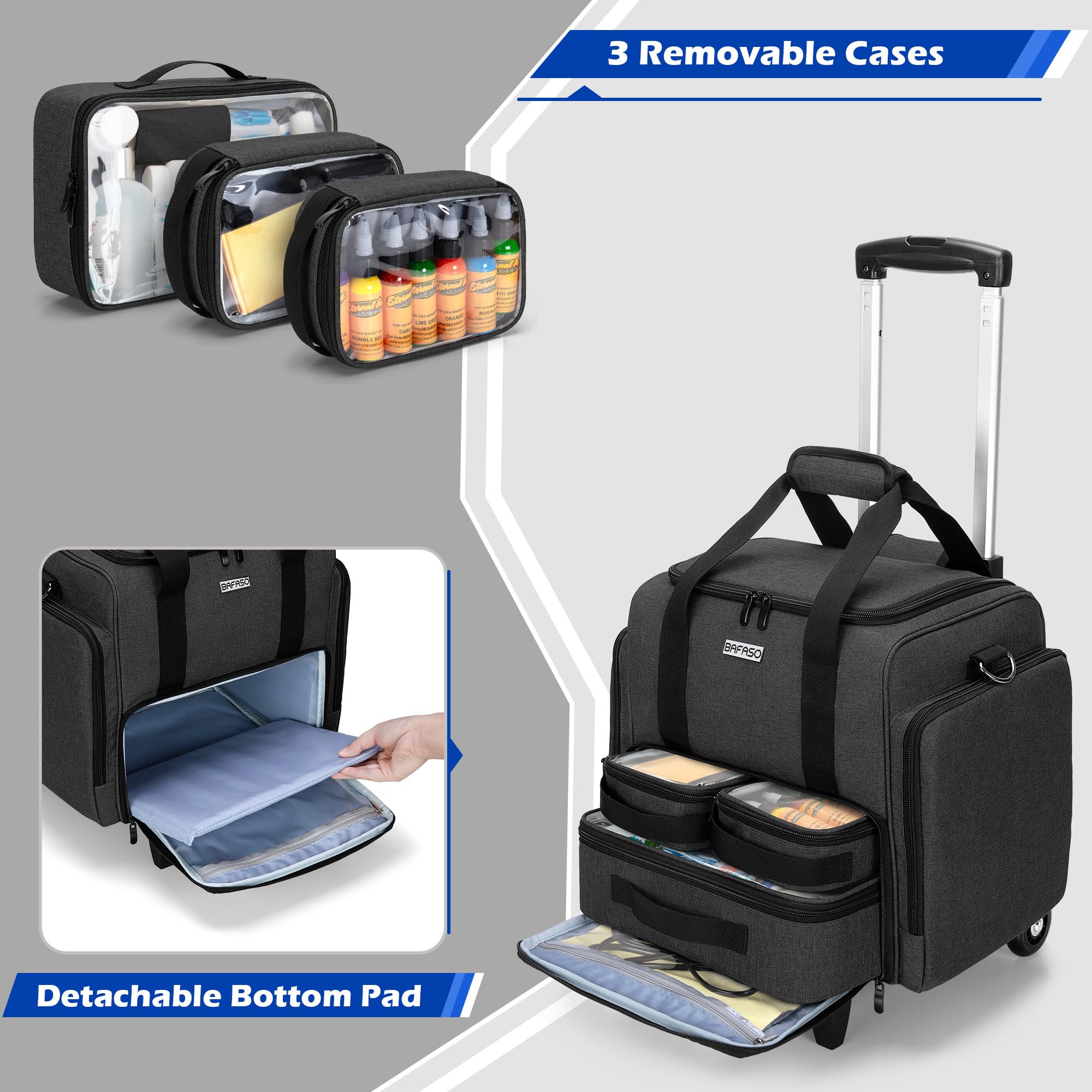 BAFASO Rolling Tattoo Case with 3 Removable Pouches & Detachable Dolly - Professional Tattoo Artist Travel Organizer for Stencil Printers, Needles, Ink & Supplies (Black) - Perfect for Tattoo Studios, Conventions & Mobile Artists
