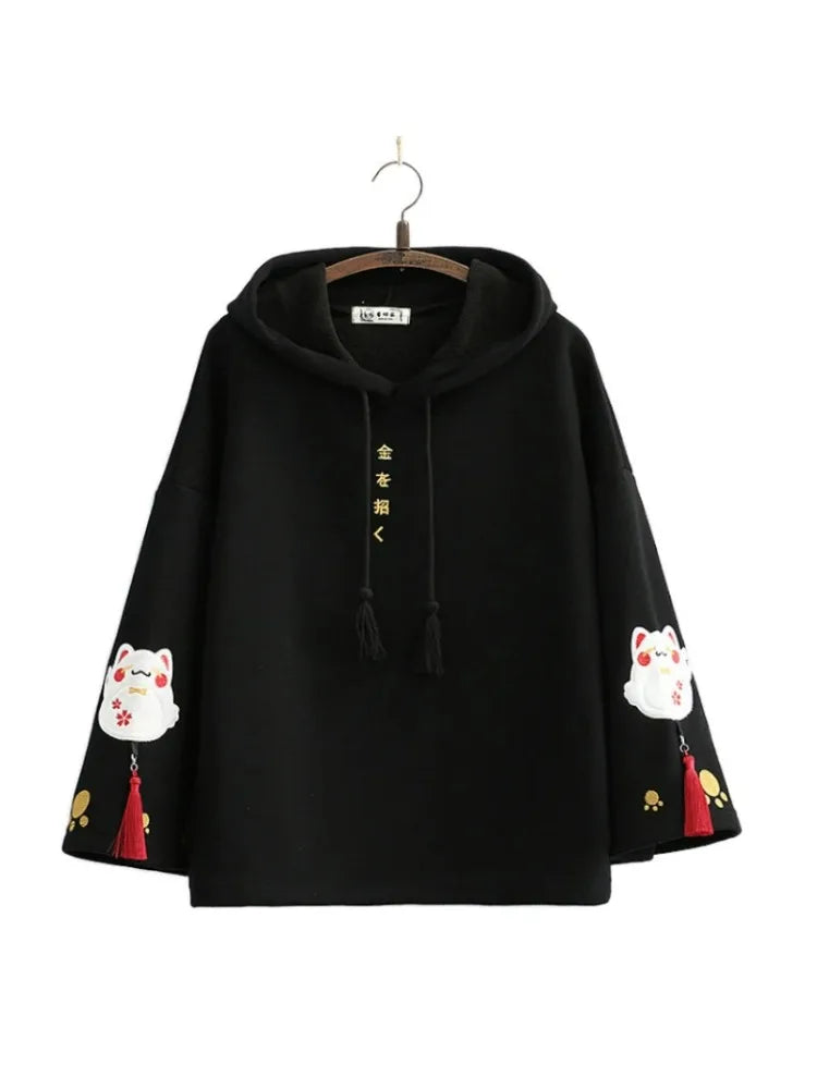 Black Harajuku Fox Embroidery Women's Hoodie - Winter Casual Pullover Sweatshirt with Flare Sleeves, Korean Style Tracksuit Top for Streetwear & Loungewear