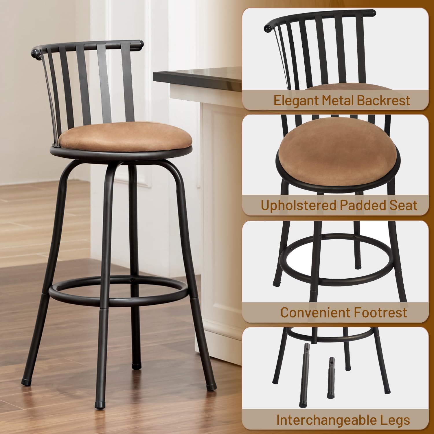 **Adjustable Classic Barstools Set of 4 – Country Style Swivel Bar Chairs with Backrest & Footrest – Counter Height Stools for Kitchen Island, Bistro, Pub & Home Bar – Interchangeable Legs in Brown/Black – Perfect for Dining, Entertaining & Small Spaces**