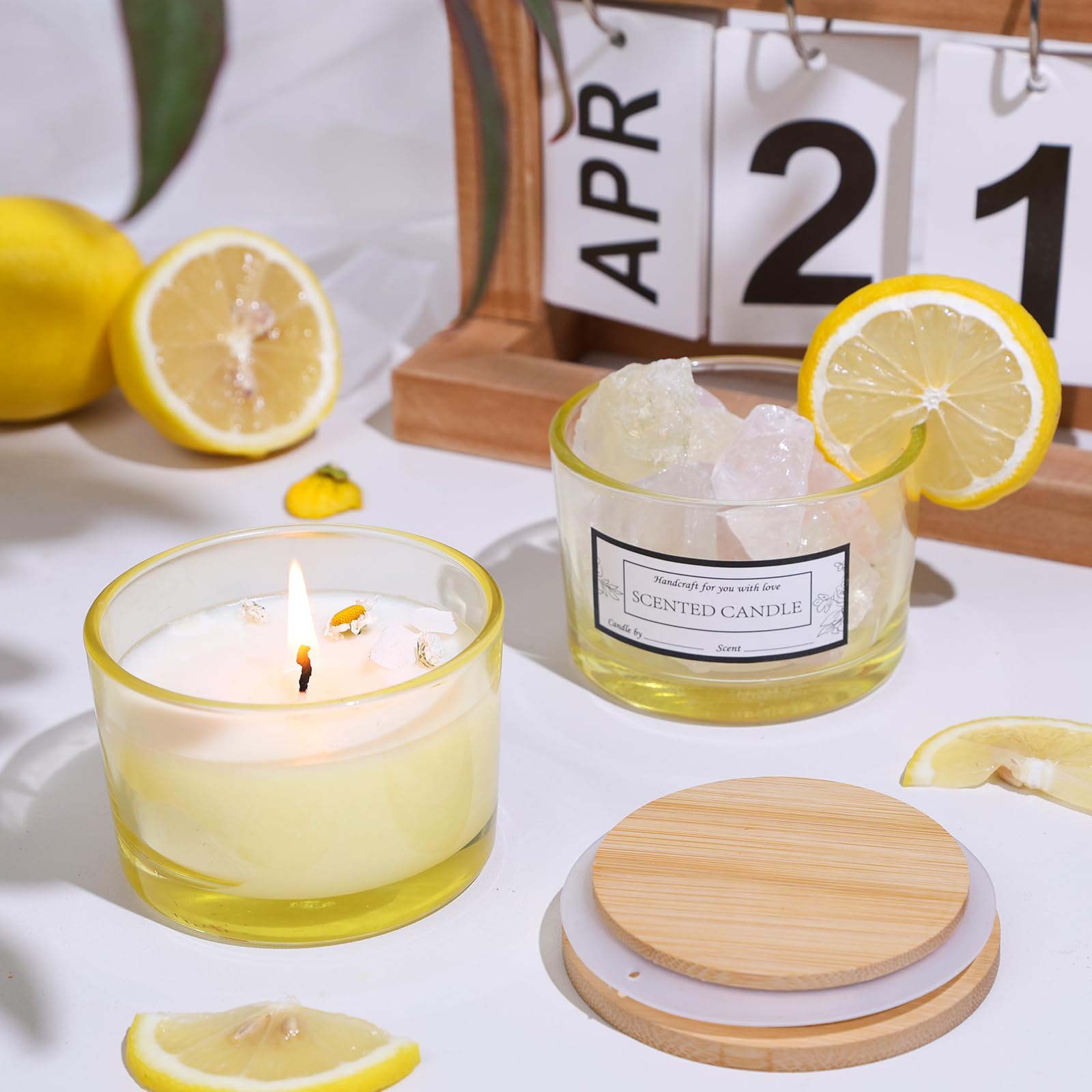CONNOO 15-Pack 4oz Lemon Yellow Glass Candle Jars with Airtight Bamboo Lids - Bulk Small Wide Mouth Empty Candle Containers for DIY Candle Making, Home Decor & Gifts - Includes Warning Labels & Dishwasher Safe