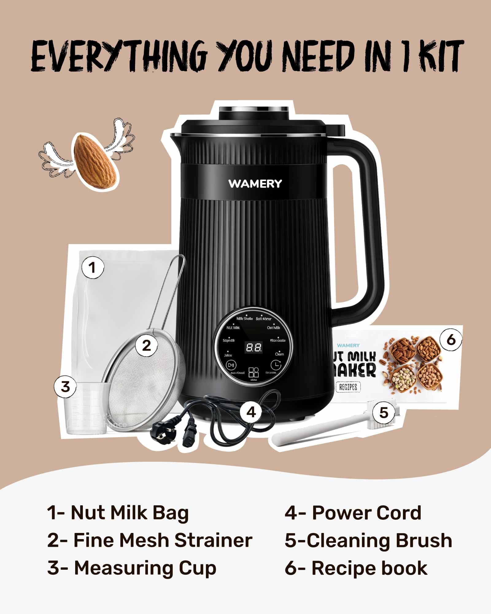 Wamery Original Nut Milk Maker Machine - 32oz Almond, Oat, Soy Milk Maker - Vegan & Plant-Based Milk Maker with Delay Start, Keep Warm & Boil Water Functions (Black) - Perfect for Homemade Dairy-Free Milk, Smoothies & Coffee Creamer