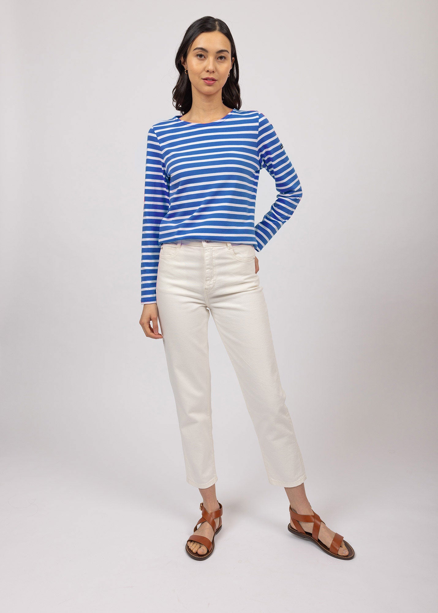 MINQUIDAME Women's Breton Striped Long Sleeve Shirt - Soft Cotton Crewneck Top (Navy Blue/White) | Casual Wear, Office Outfit, Weekend Style
