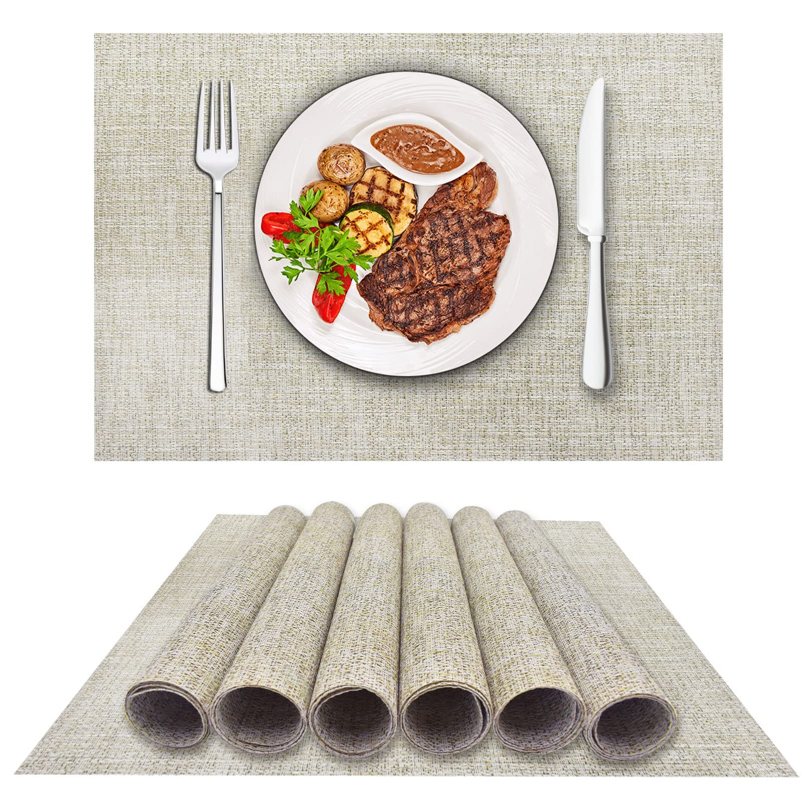 4-Pack Woven Vinyl Placemats - Waterproof & Washable for Indoor/Outdoor Use - Beige & White Table Mats for Dining, Picnics, and Parties