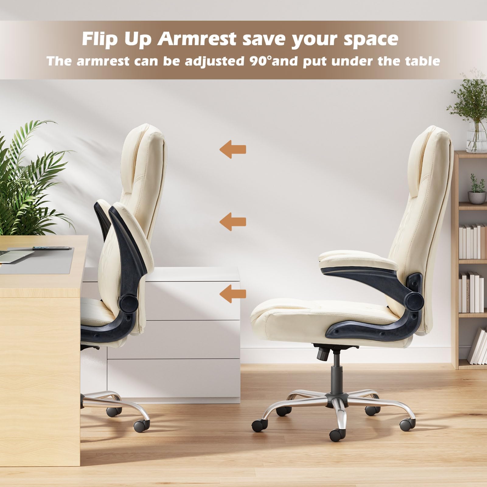 Premium Ergonomic Executive Office Chair with Flip-Up Arms, Adjustable Height & Lumbar Support - PU Leather Swivel Computer Desk Chair with Smooth-Rolling Wheels & Rocking Function (White) - Perfect for Home Office, Gaming Setup & Conference Rooms