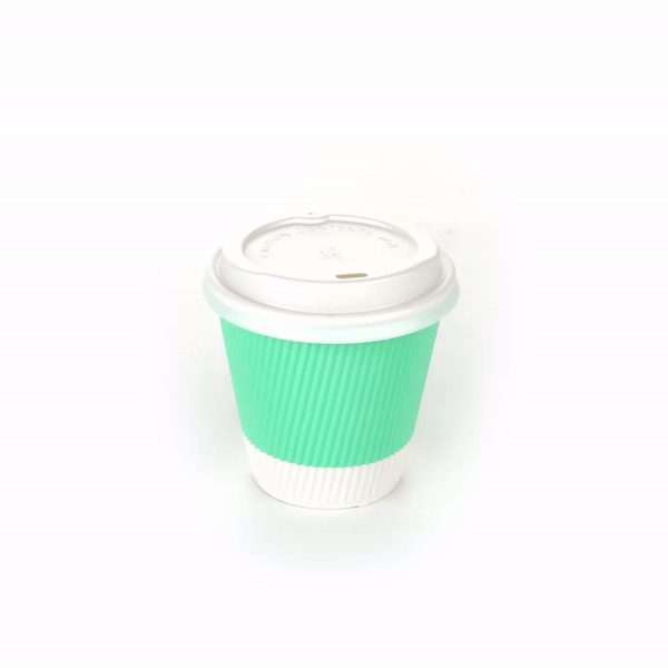 Eco-Friendly 8 oz Light Green Ripple Wall Paper Coffee Cups with White Lids - 3.5
