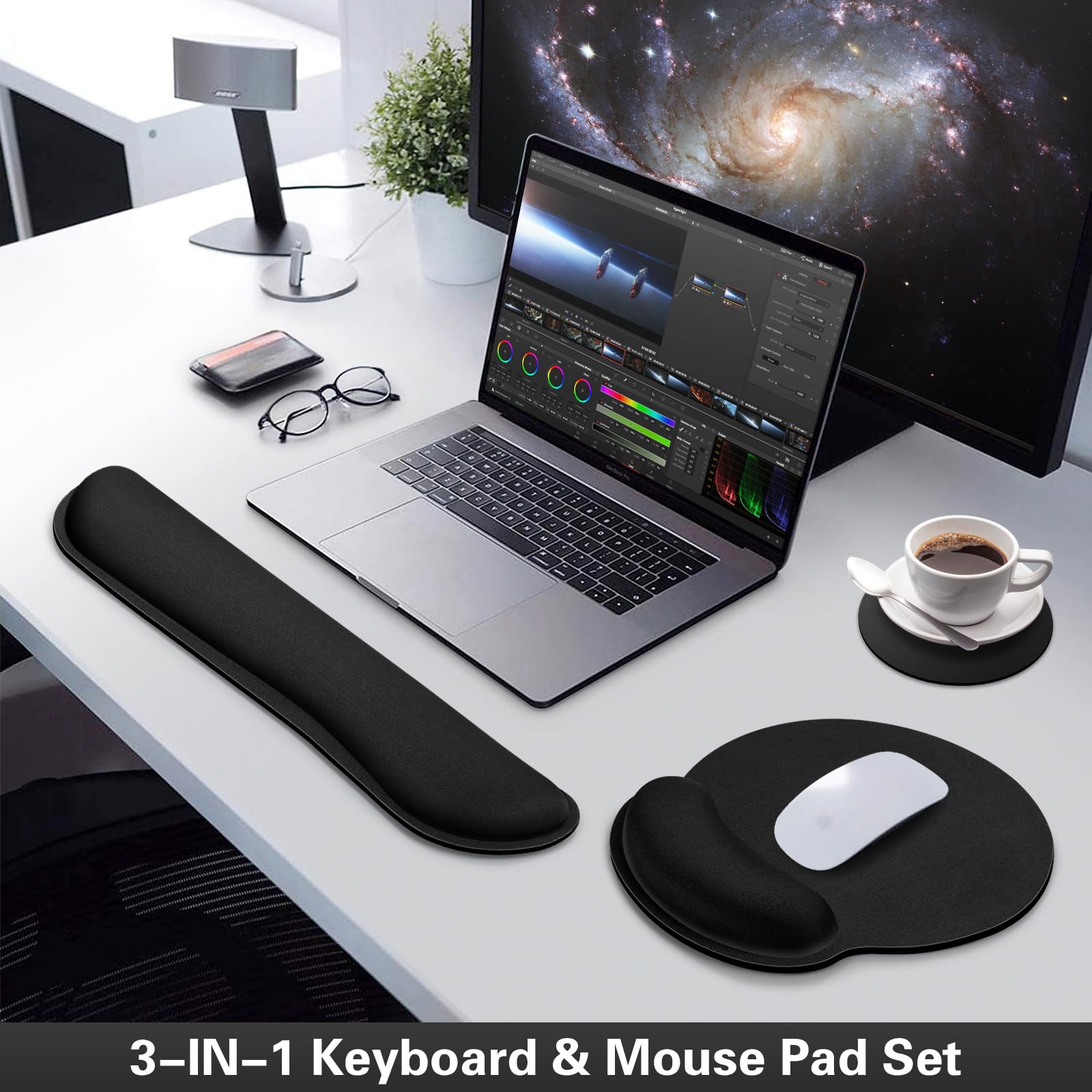 Qomolama 3-in-1 Ergonomic Mouse Pad with Wrist Rest & Anti-Skid Base - Memory Foam Gaming Mouse Pad Set with Gel Keyboard Wrist Support for Office, Gaming & Computer Workstations