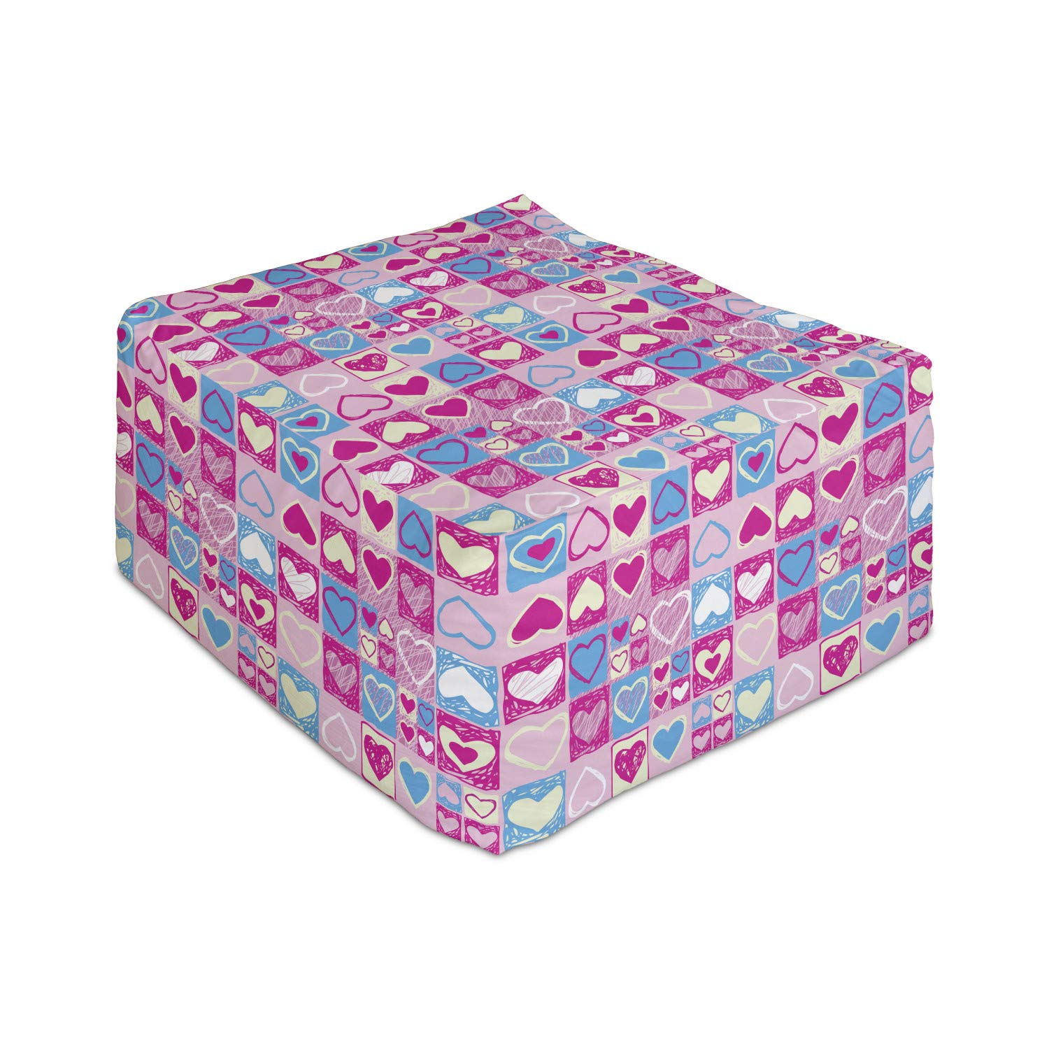 Ambesonne Love Rectangle Pouf Ottoman - Pink Blue Cream Doodle Hearts Design Foot Rest Stool for Living Room, Office & Bedroom - 25