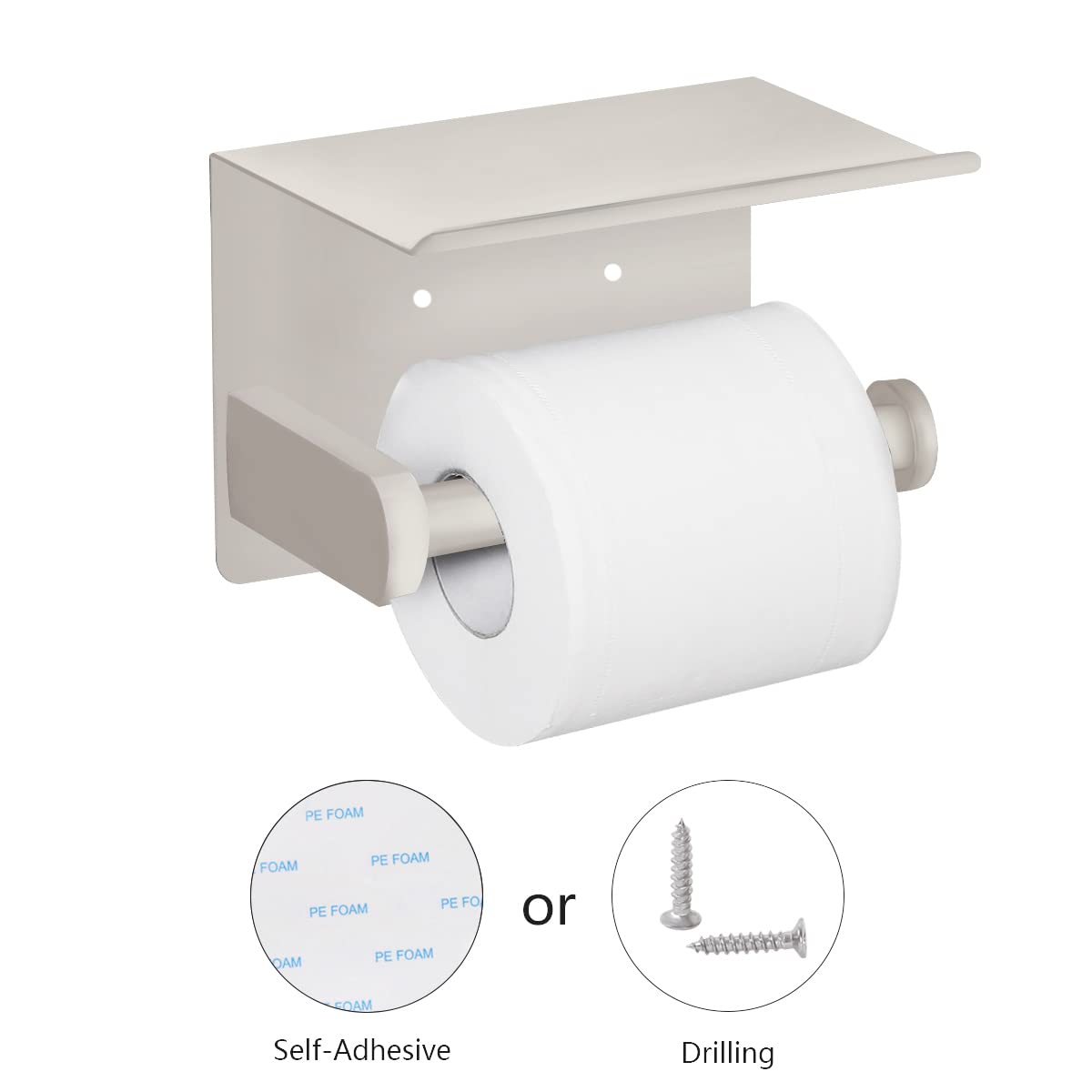 VAEHOLD Self-Adhesive Toilet Paper Holder with Phone Shelf - SUS 304 Stainless Steel Wall Mounted Bathroom Tissue Roll Holder - Rustproof & Waterproof Design - Beige - Perfect for Small Bathrooms, Powder Rooms & RVs