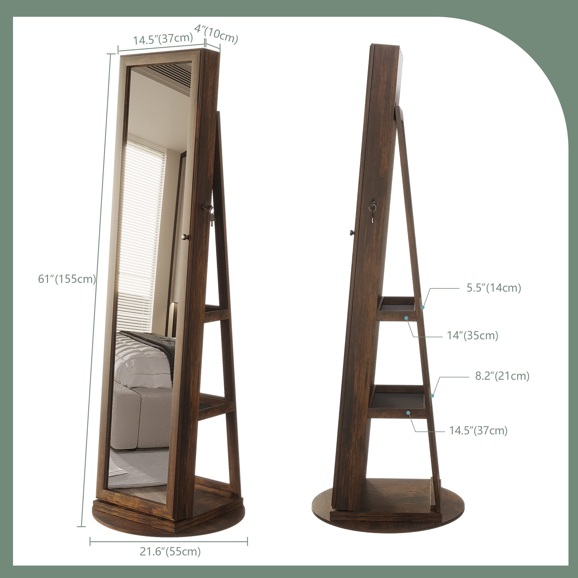 Full Length Mirror Jewelry Armoire with LED Lights - Lockable Standing Jewelry Cabinet with 360° Swivel Mirror & Storage Organizer for Women & Girls | Perfect for Bedroom, Dressing Room & Gift Giving