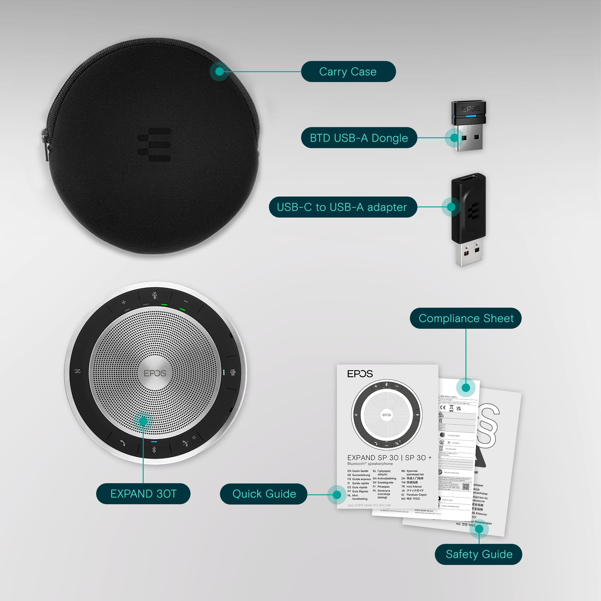 EPOS EXPAND SP 30T Portable Bluetooth Speakerphone - Wireless Conference Speaker with HD Audio for PC, Mobile & Softphones | Ideal for Home Office, Remote Work & Business Meetings | Black (Model 1000225)