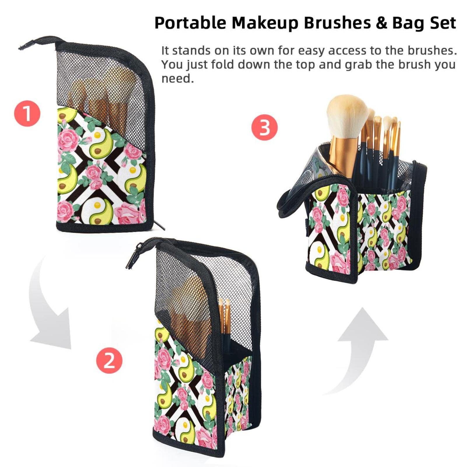 Premium Makeup Brush Organizer Bag with 12 Slots - Yin Yang Avocado Egg Rose Design, Portable Cosmetic Brush Holder Case for Travel & Home Storage (Perfect for Makeup Artists & Beauty Enthusiasts)