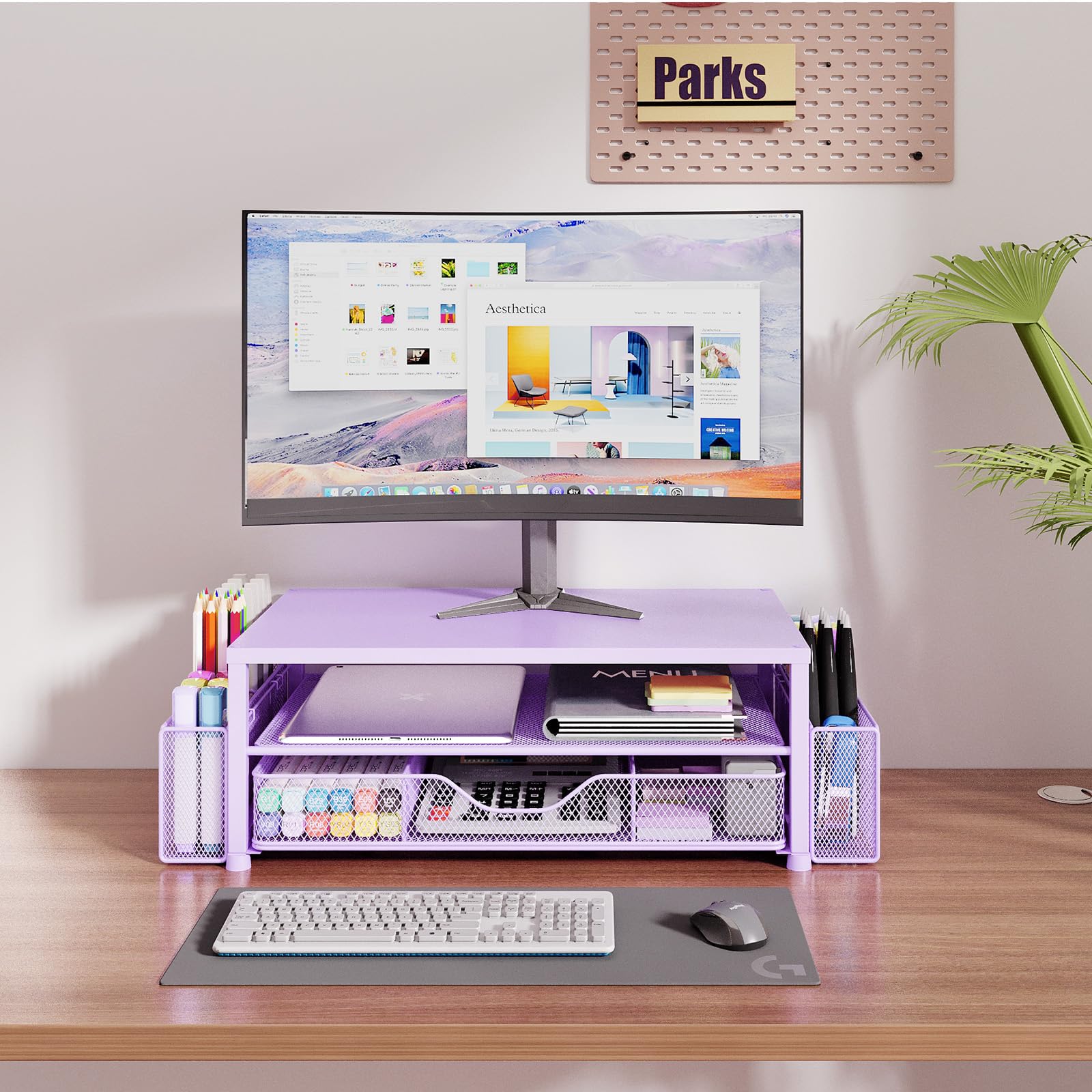 2-Tier Computer Monitor Stand with Drawer & Pen Holders - Purple Desk Organizer for Office Supplies | Workspace & Home Office Accessories | Perfect for Clutter-Free Desks & Improved Productivity