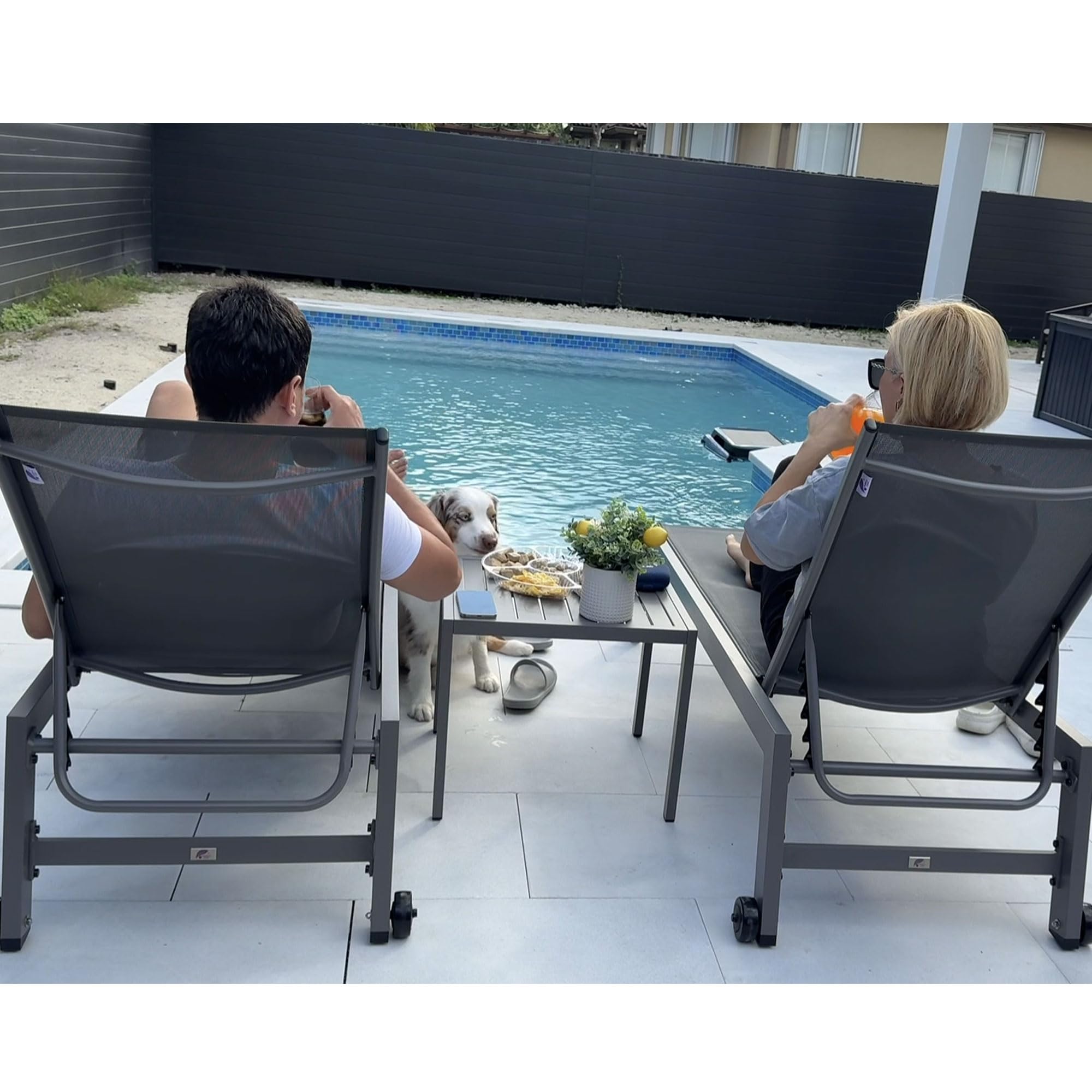 Premium 2-Piece Outdoor Lounge Chair Set with Adjustable Backrest & Wheels - Aluminum Patio Chaise Loungers for Poolside, Beach & Backyard Relaxation (Grey) - Includes Side Table for Ultimate Comfort