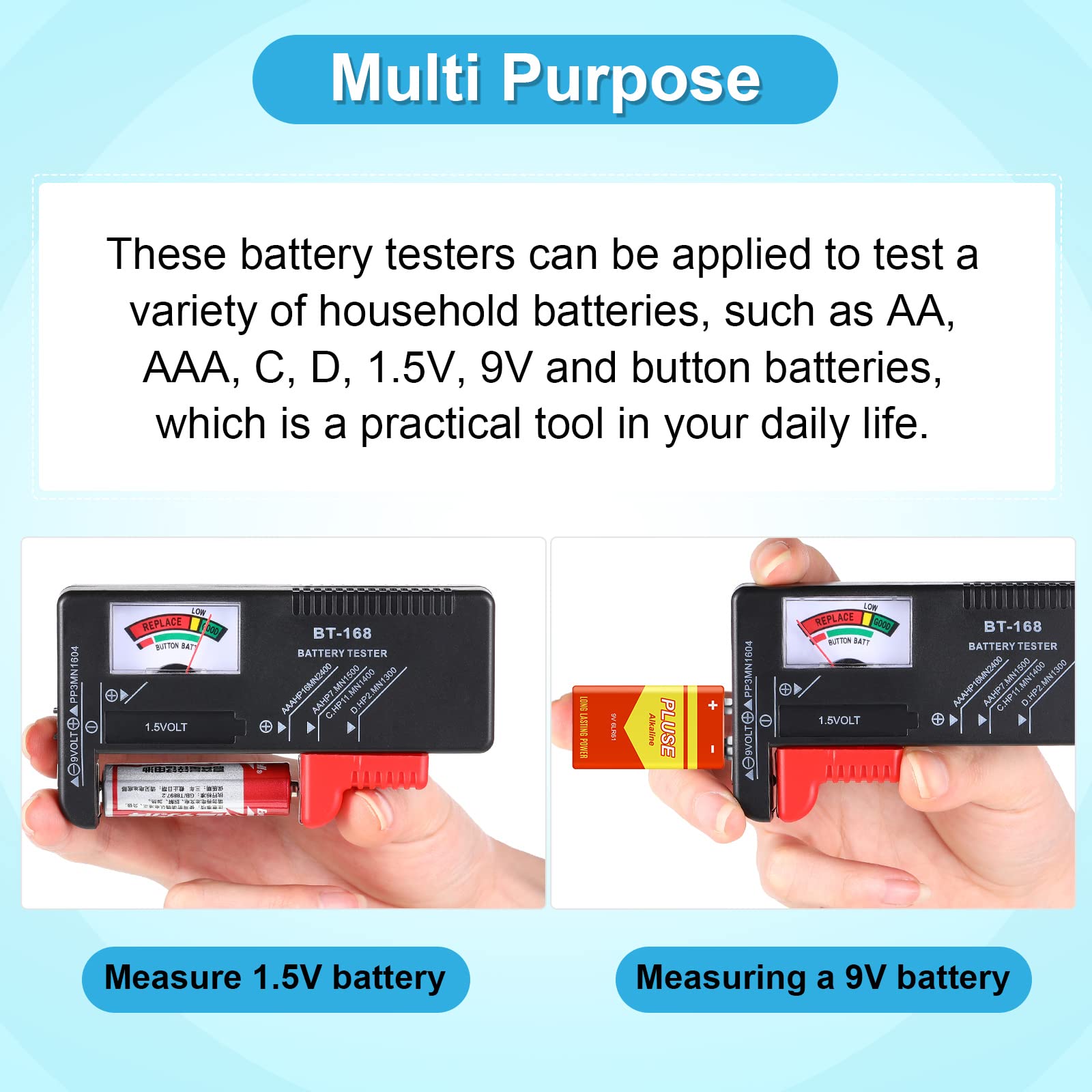 2 Pack Universal Battery Tester - Voltage Checker for AA AAA C D 9V 1.5V & Button Cell Batteries | Home, Office, Travel & Emergency Use