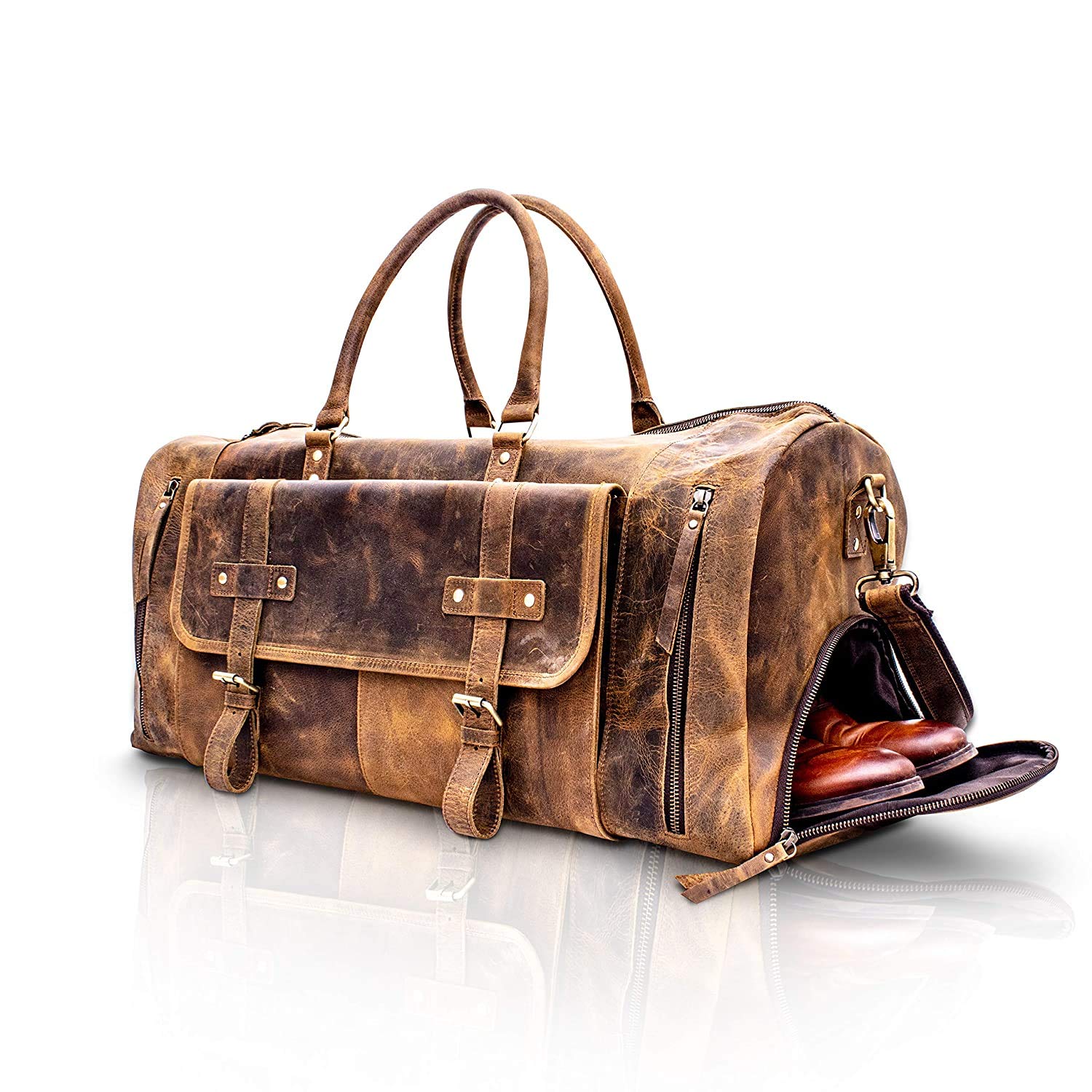 Premium 24 Inch Full Grain Leather Duffel Bag for Men & Women - Travel, Gym, Overnight & Weekend Carry-On with Shoe Pocket (Brown Tan) - Perfect for Business Trips, Workouts & Adventure Travel