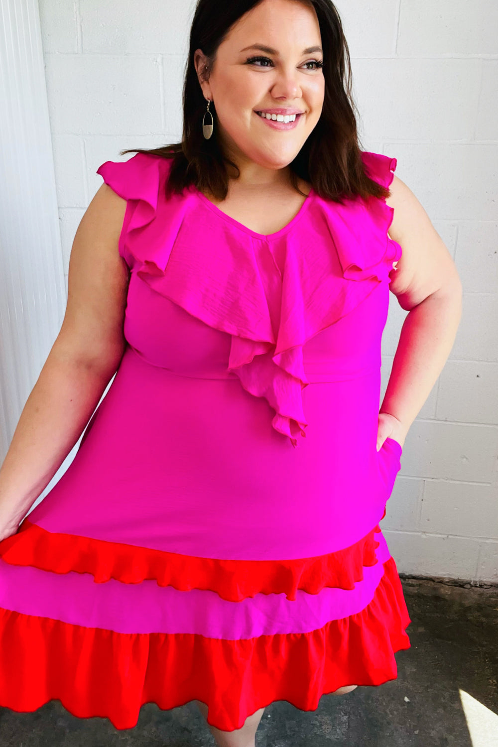 Fuchsia Ruffle V-Neck Crepe Tiered Midi Dress for Women - Flowy Party & Wedding Guest Outfit - Elegant Cocktail & Summer Dresses