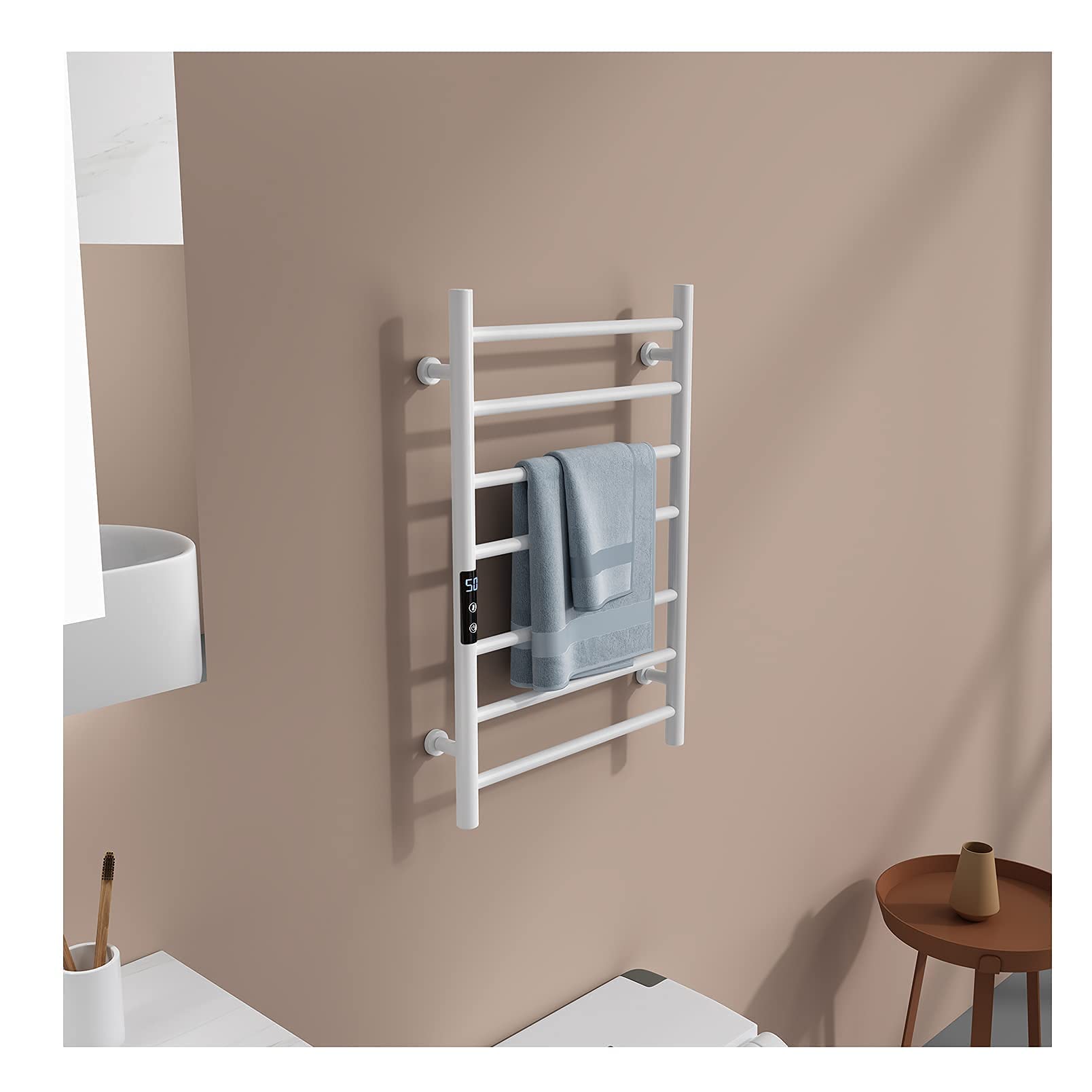 APUM Electric Towel Warmer - Stainless Steel 7-Bar Wall Mounted Heated Towel Rack with Timer for Bathroom | Fast Heating, Energy Efficient | Perfect for Spa, Hotel & Luxury Home Use (White, Hardwired)