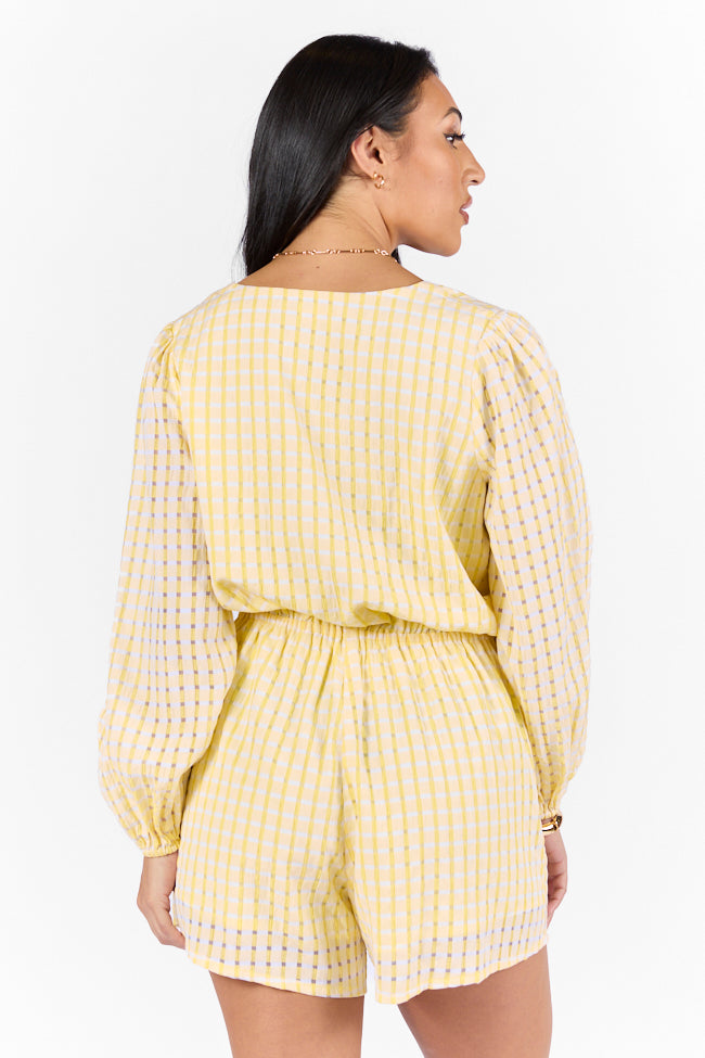 Set On You Yellow Gingham Long Sleeve Romper - Women's Summer Jumpsuit with Pockets | Perfect for Beach Vacations, Picnics & Date Nights