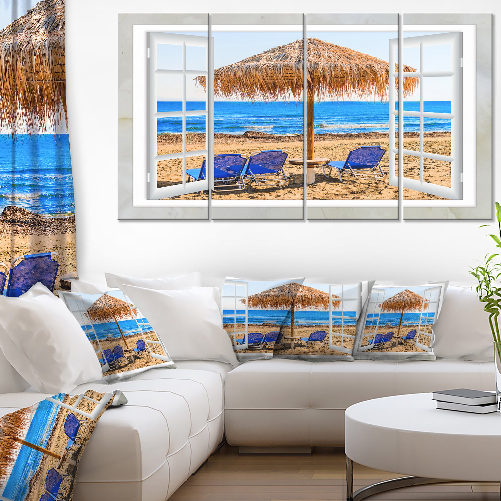 Extra Large Seashore Canvas Wall Art - Beach Hut with Chairs Open Window Design - Coastal Decor for Living Room, Bedroom & Office