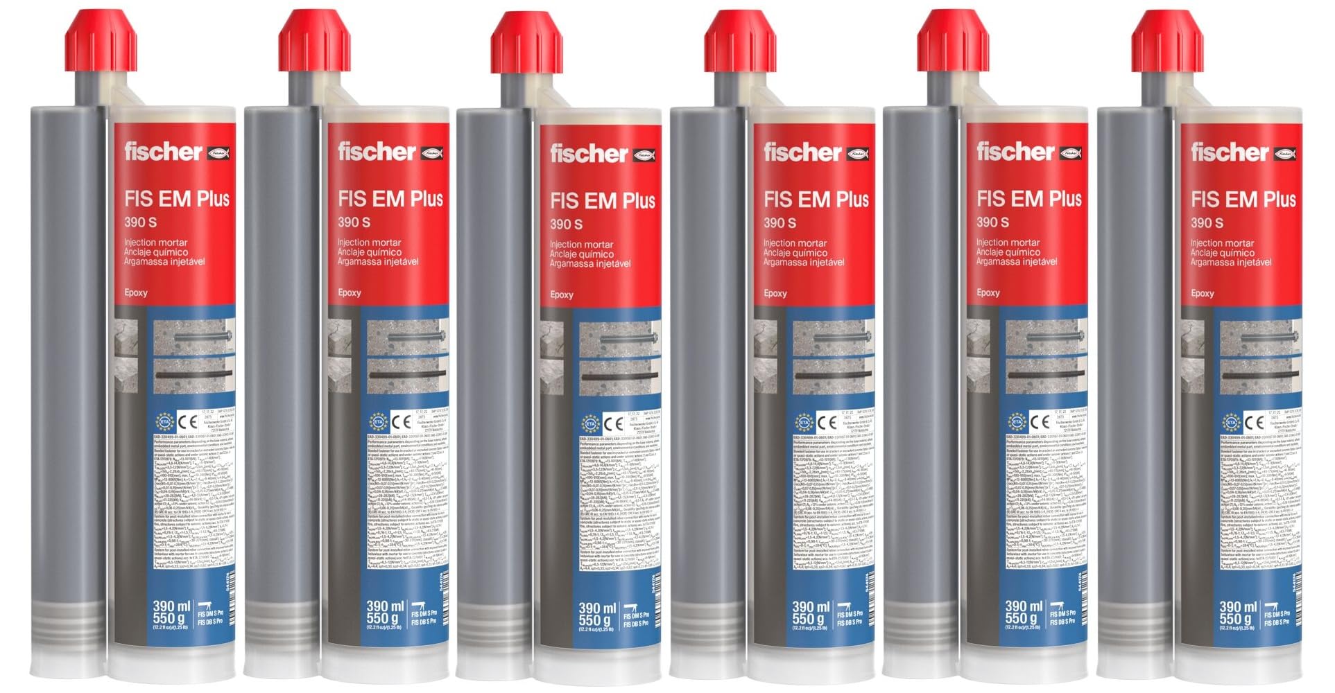 FIS EM Plus 390ml (13.2 Oz) Fischer Injection Mortar - High Strength Chemical Anchor for Cracked & Uncracked Concrete - Universal Construction Adhesive - 6 Pack with 12 Mixer Nozzles - Ideal for Structural Repairs, Concrete Fixing & Heavy Duty Anchoring