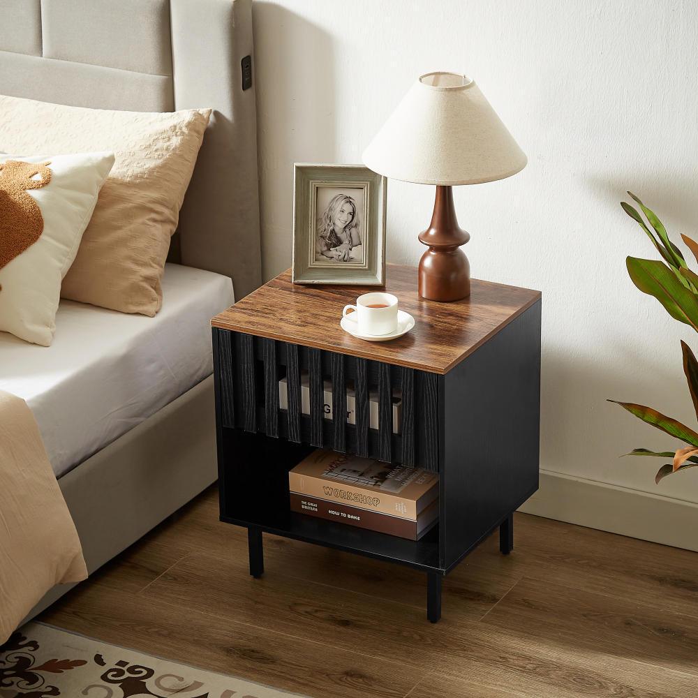 2 Set Mid Century Modern Nightstands with Grille Striped Doors - Bedside Tables with Slatted Drawers & Metal Legs - Stylish End Tables for Bedroom Decor | Perfect for Small Spaces, Guest Rooms & Apartment Living