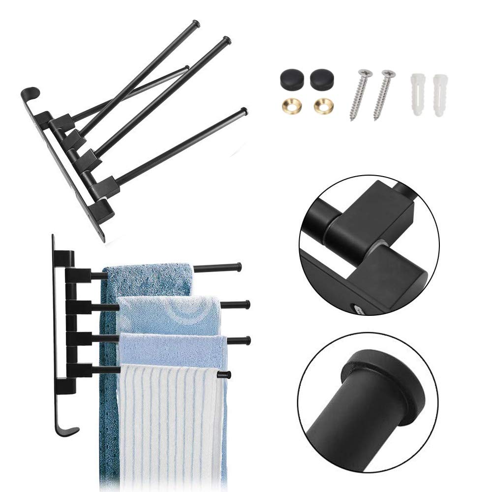 4-Arm Black Wall Mounted Swing Out Towel Rack with Hooks - Space Saving Bathroom Towel Holder for Showers, Laundry Rooms & Small Spaces