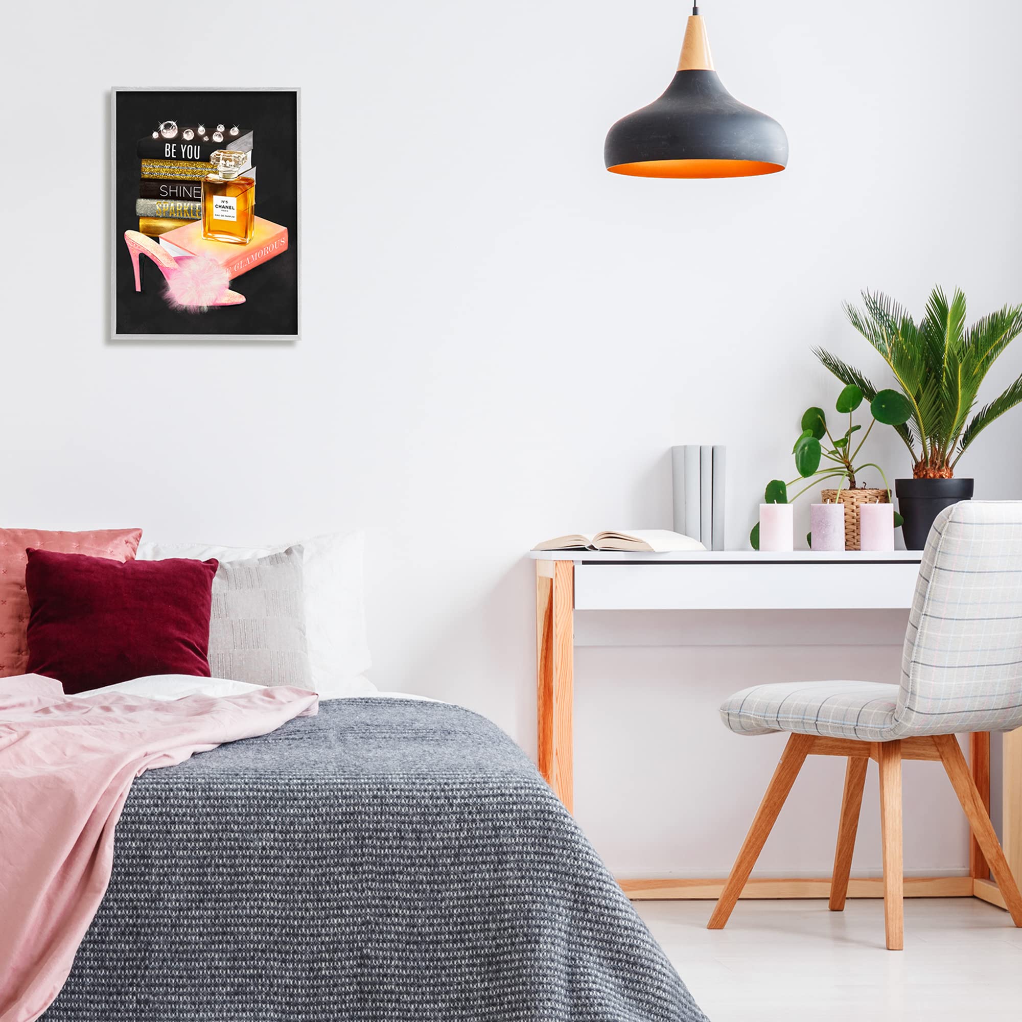 Stupell Industries 'Be You' Motivational Perfume Bottle & Book Stack Wall Art - Fluffy Pompom Heel Home Decor by Ziwei Li | Inspirational Gift for Women, Office & Bedroom Decor