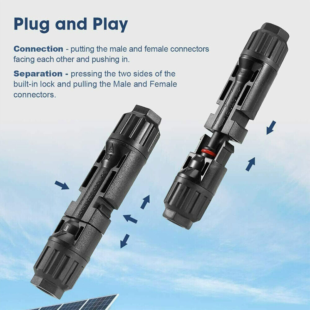 10 Pairs 30A Solar Panel Connectors - IP67 Waterproof PV Cable with Male & Female Line Plug Sockets for Solar Power Systems, RV, Marine & Off-Grid Applications