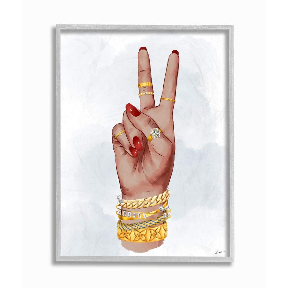 Stupell Industries Peace Hand Pose Wall Art with Fashion Accessories - 16x20 Inches, Off-White Canvas - Perfect for Boho Home Decor, Bedroom & Living Room Wall Hangings