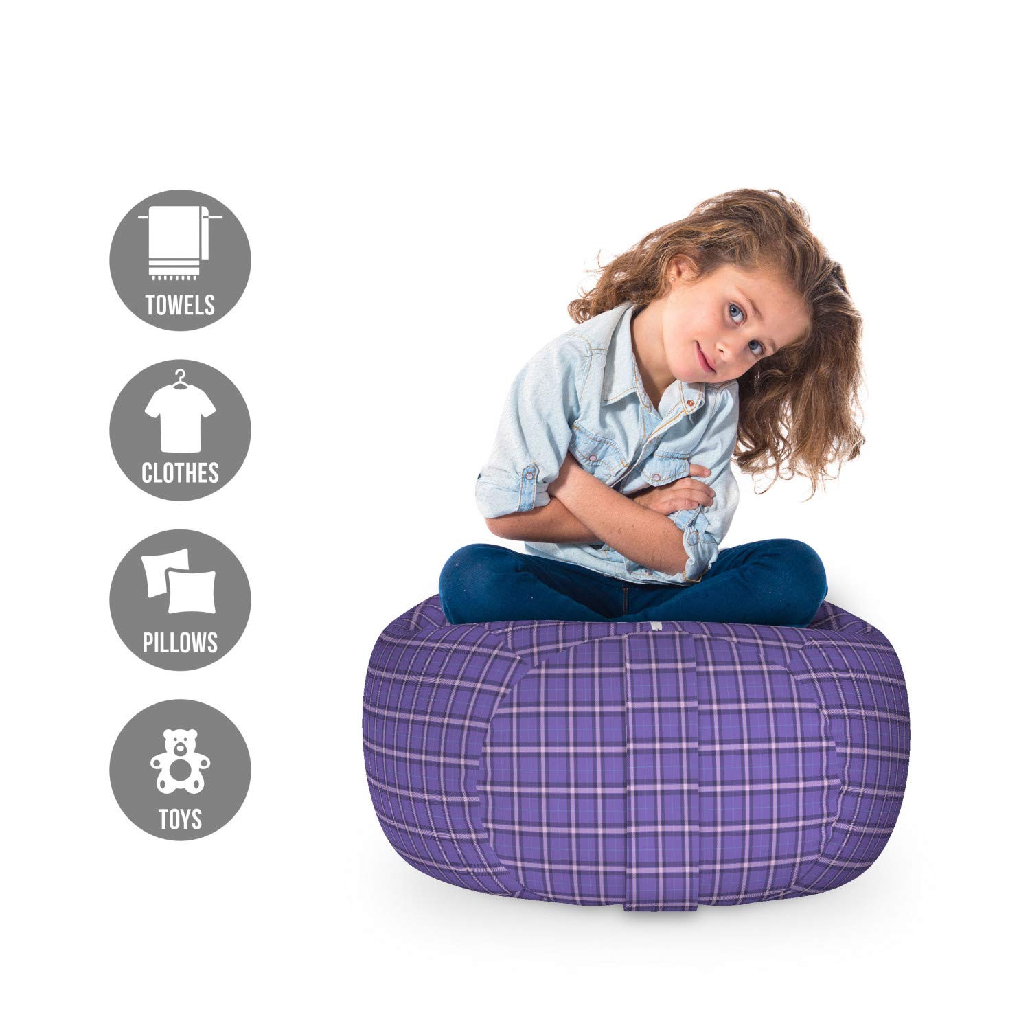 Ambesonne Violet Storage Toy Bag Chair - Scottish Tartan Pattern Stuffed Animal Organizer, Washable Small Size in Pale Purple & Lavender | Kids Room Decor, Nursery Storage, Playroom Organization