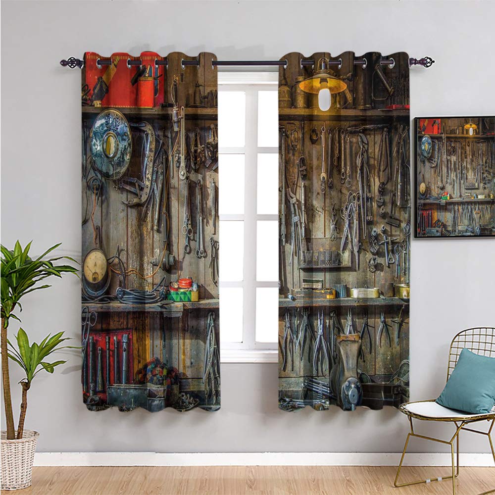 Premium Blackout Curtains for Man Cave Decor - 84 Inch Length Vintage Tool Design, Workshop & Tool Shed Theme (W108 x L84 Inch, Multicolor) - Perfect for Home Theater, Bedroom, Garage & Office Privacy