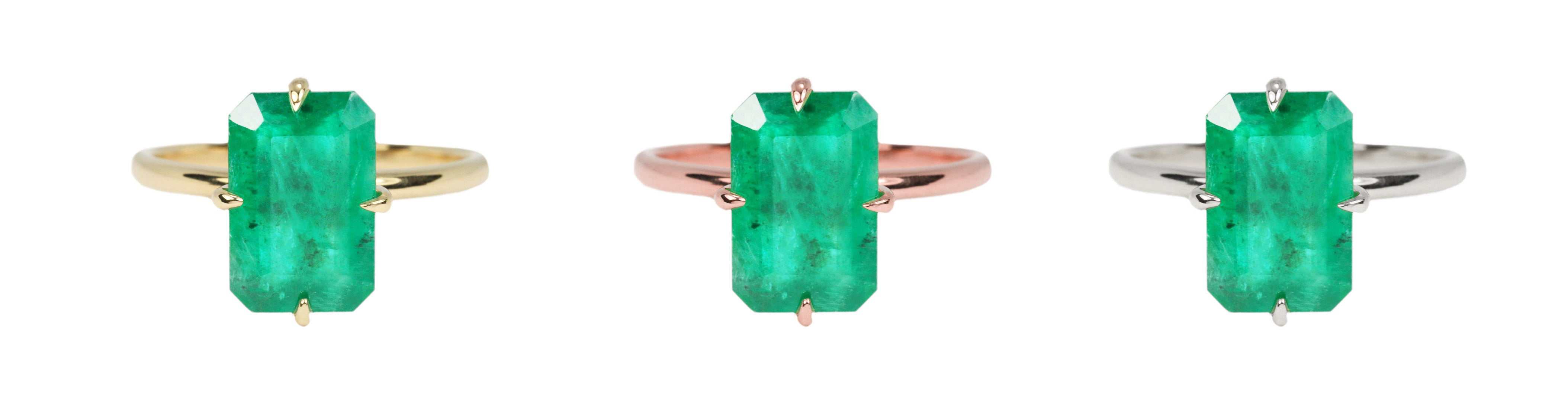 3.0 Carat Natural Emerald Dark Green Solitaire Ring 14K Gold - Elegant Offset Claw Prong Setting for Engagement, Wedding & Anniversary Gifts