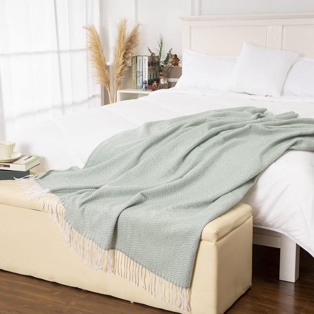 Gealaek Diamond Lattice Faux Cashmere Throw Blanket - Honeydew Fringe, Lightweight & Ultra Soft Cozy Blanket (50