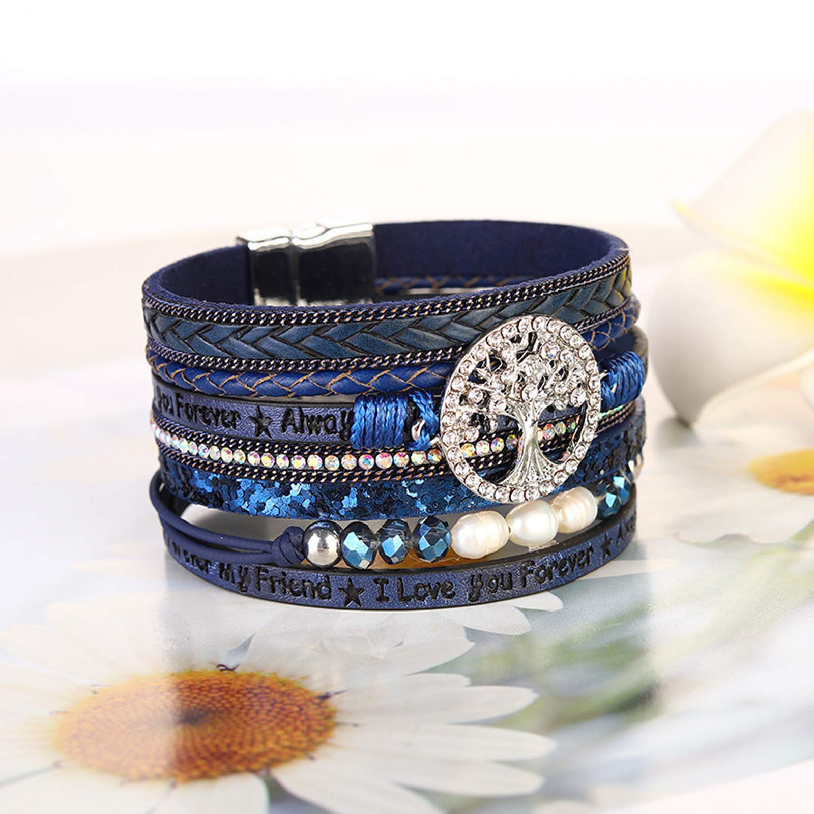 Tree of Life Leather Cuff Bracelet for Women - Boho Wrap Cross Bracelet with Pearl Charm - Handmade Adjustable Wristband - Perfect for Everyday Wear, Spiritual Jewelry Gift for Her