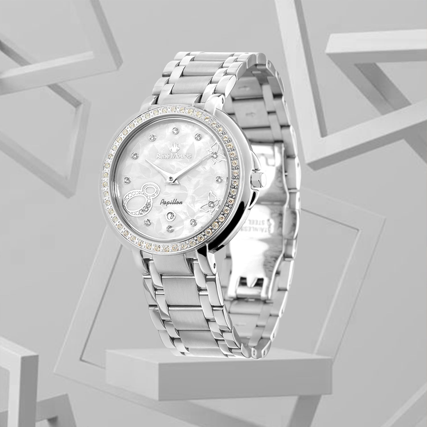 René Mouris Papillon Women's Luxury Watch - 36mm 316L Stainless Steel Case, Sapphire Coated Crystal, 50M Waterproof with Matching Steel Band | Elegant Dress Watch for Office, Parties & Special Occasions