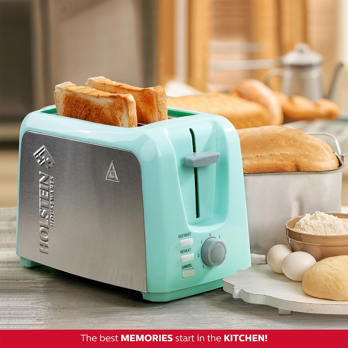 Holstein Housewares 2-Slice Toaster with 7 Browning Settings - Mint & Stainless Steel - Perfect for Toast, Bagels, Waffles - Ideal for Breakfast, Office, Dorm Room & Small Kitchens