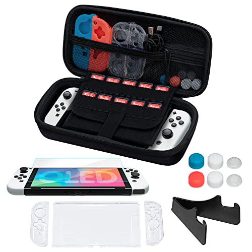 Premium Nintendo Switch (OLED Model) Carrying Case Kit - TPU Protective Cover, Tempered Glass Screen Protector, Thumb Grip Caps & Mini Travel Stand (Black) - Perfect for Gaming On-The-Go, Travel Protection & Home Storage