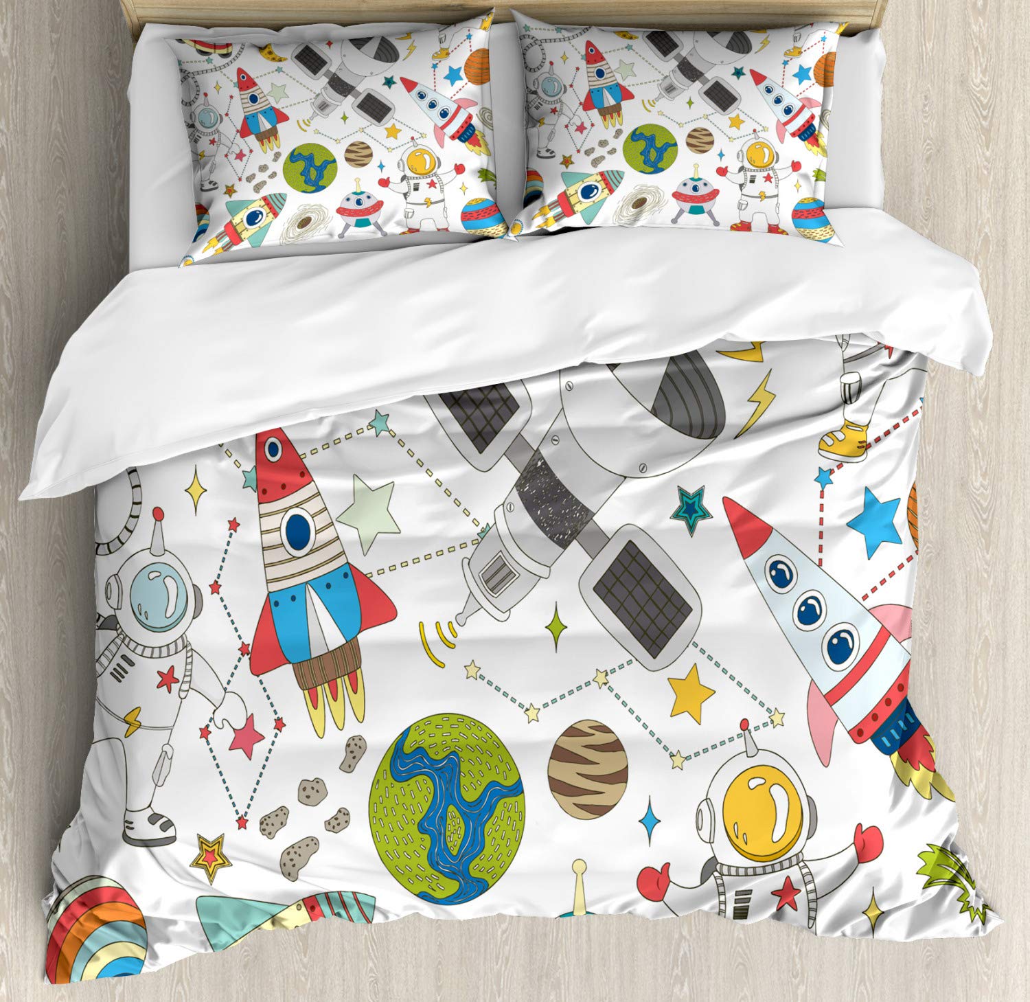 Ambesonne Science Party Duvet Cover Set - Astronaut & Spaceship Space Exploration Design - 3 Piece Bedding Set with 2 Pillow Shams - King Size White & Multicolor - Perfect for Space Themed Bedrooms, Kids Rooms & Science Enthusiasts