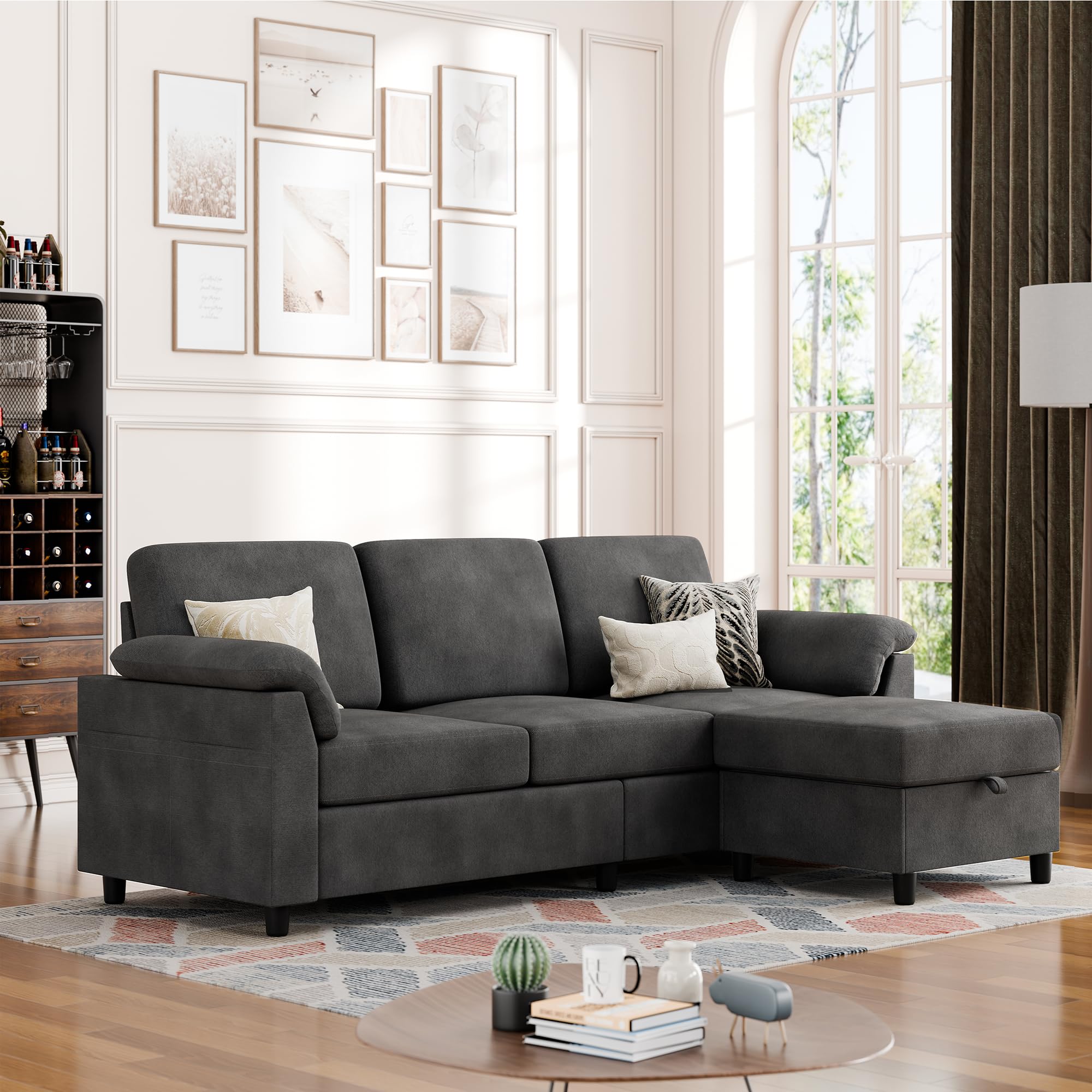 Vongrasig Convertible Sectional Couch - 3-Seat L-Shaped Sofa with Removable Pillows, Mid-Century Modern Linen Fabric Small Couch for Living Room, Apartment & Office (BK) | Perfect for Small Spaces, Movie Nights & Cozy Gatherings