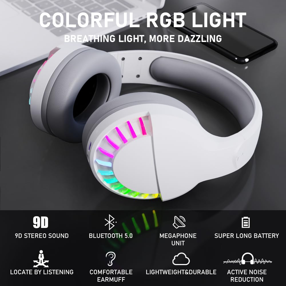 Wireless Bluetooth Headphones with Active Noise Cancelling, HiFi Stereo Sound & Deep Bass - Over-Ear Headset with Mic, RGB Backlight & Protein Earpads for PC, Mac, Gaming, Travel, Office & Home Use (White) - Perfect for Work, Entertainment & Long Flights