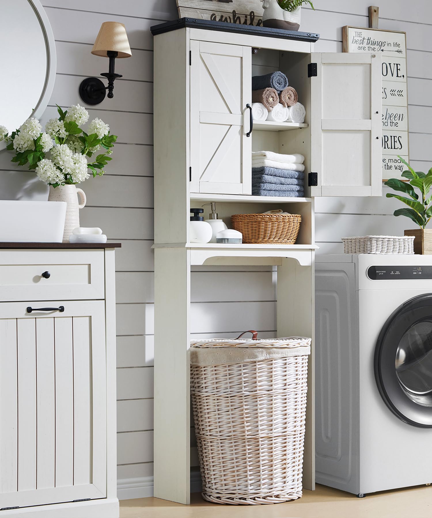 Farmhouse Over The Toilet Storage Cabinet with Adjustable Shelf & Barn Door - 67