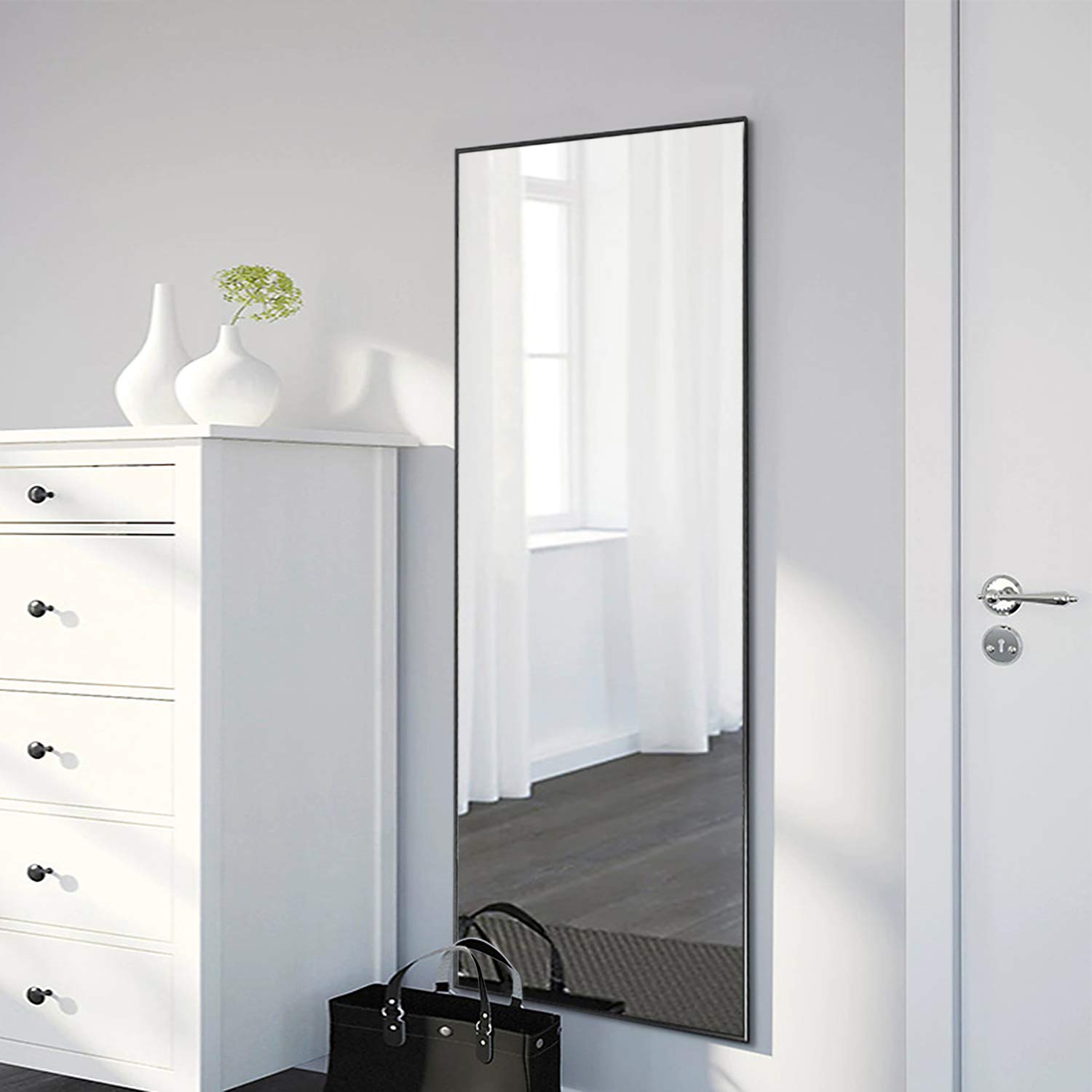 **MIRUO 63x20 Inch Full Length Mirror - Wall Mounted & Floor Standing Large Body Mirror for Home Decor, Living Room, Bedroom, Dressing Room - Black Frame (JJ00371AAF-M-USAM021)**