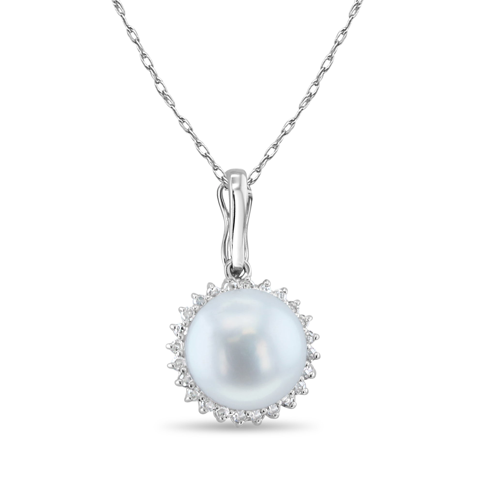10MM Pearl Diamond Halo Necklace 14k White Gold - Elegant Bridal Jewelry for Weddings & Special Occasions