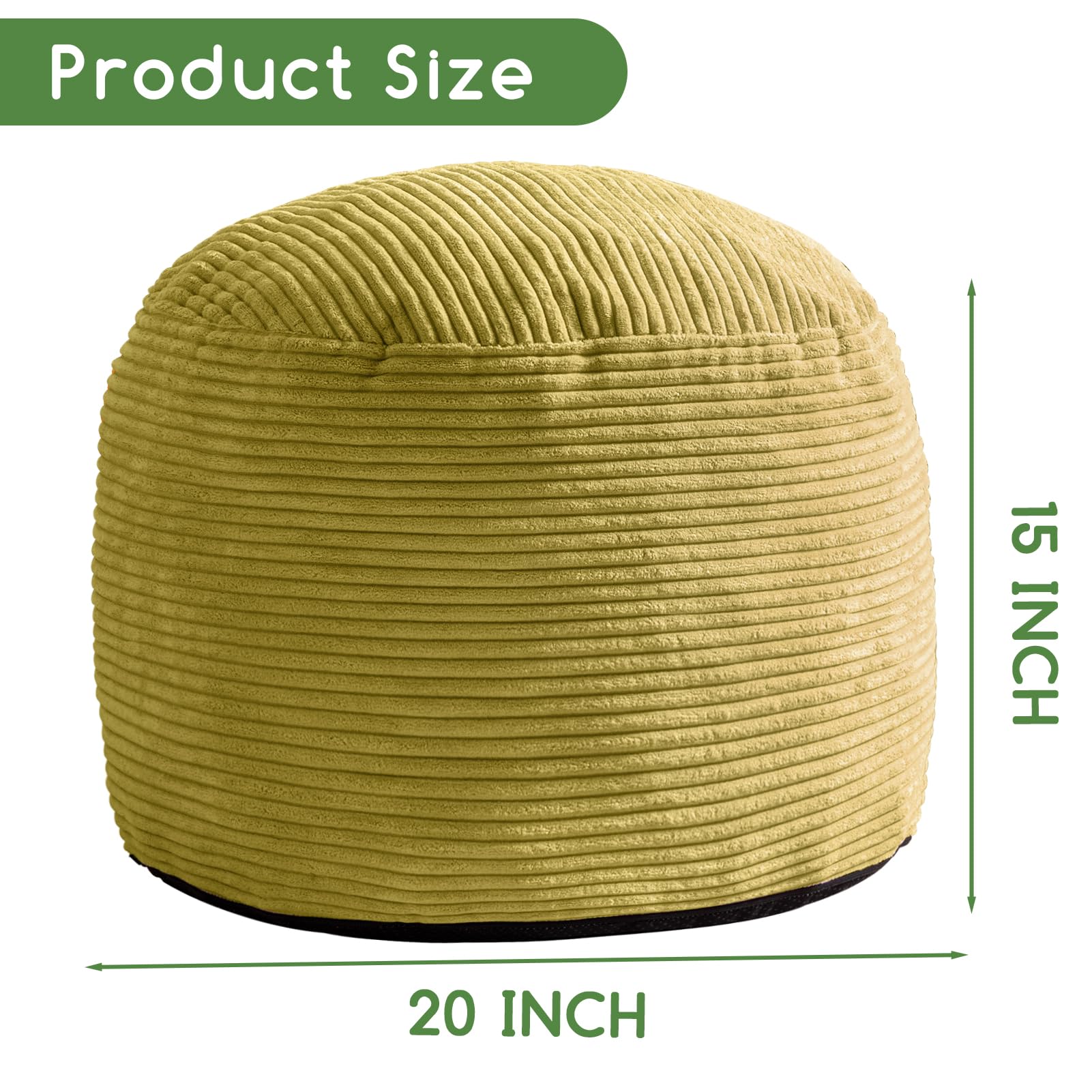 MAXYOYO Round Stuffed Pouf Ottoman - Corduroy Foam-Filled Footrest & Seating, 20 x 15 Inches, Green - Perfect for Living Room, Bedroom & Nursery Decor