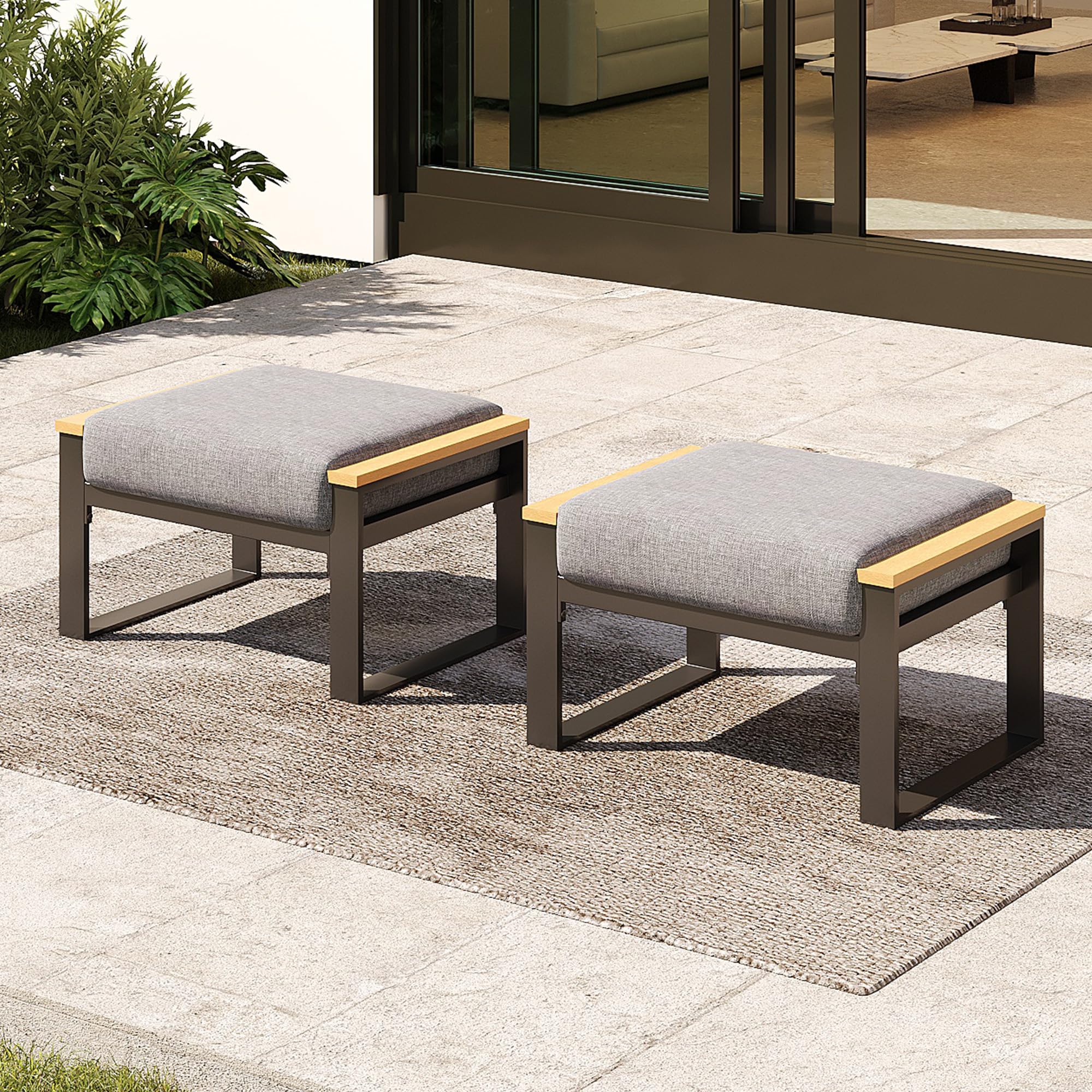 Sundale Outdoor 2-Piece Aluminum Patio Ottoman Set with Sandwich Foam Cushions - Waterproof Olefin Fabric Footstool, Small Metal Outdoor Chairs for Deck, Backyard, Porch, Garden - Perfect for Relaxing & Lounging (Grey)