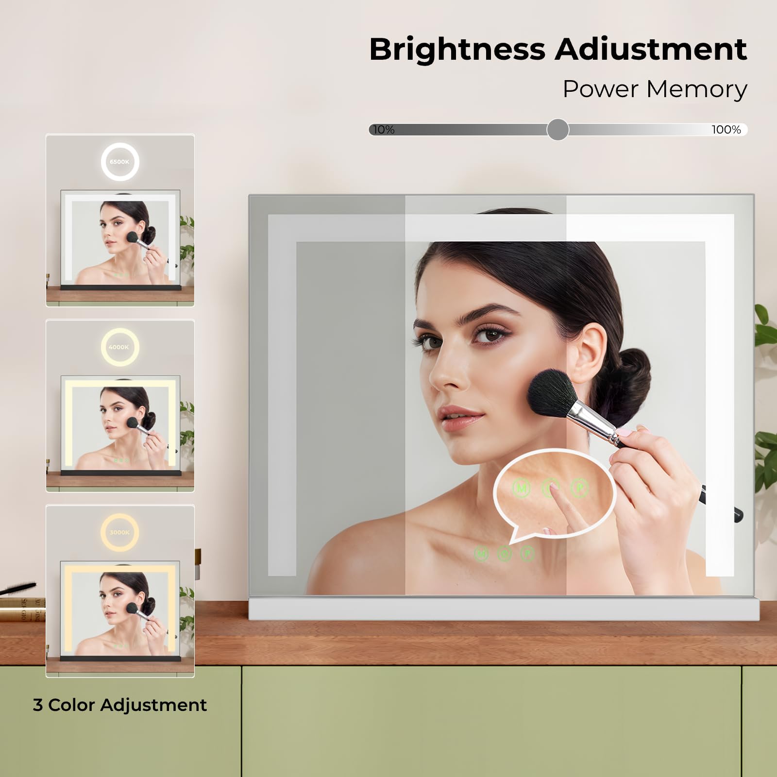 Hollywood Vanity Mirror with LED Lights - 60x52cm Makeup Mirror with 3 Color Lighting, Dimmable Touch Control, White | Perfect for Home Dressing Table, Beauty Salon & Professional Makeup Artists