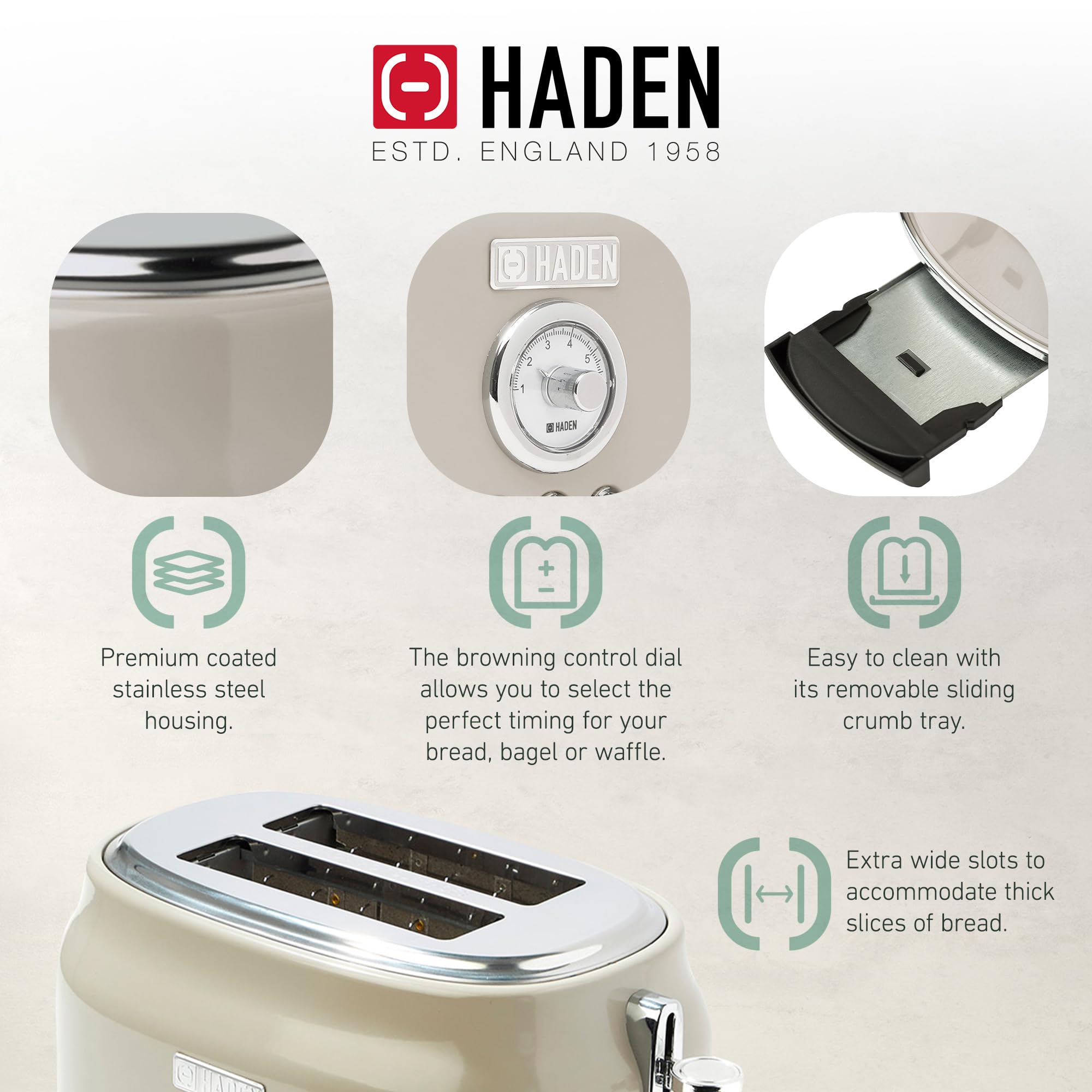 Haden Dorset 2 Slice Wide Slot Stainless Steel Toaster with 1.7L Electric Kettle Set - 360° Swivel Base, Putty & Chrome Finish | Perfect for Breakfast, Office, Dorm Room & Small Kitchens