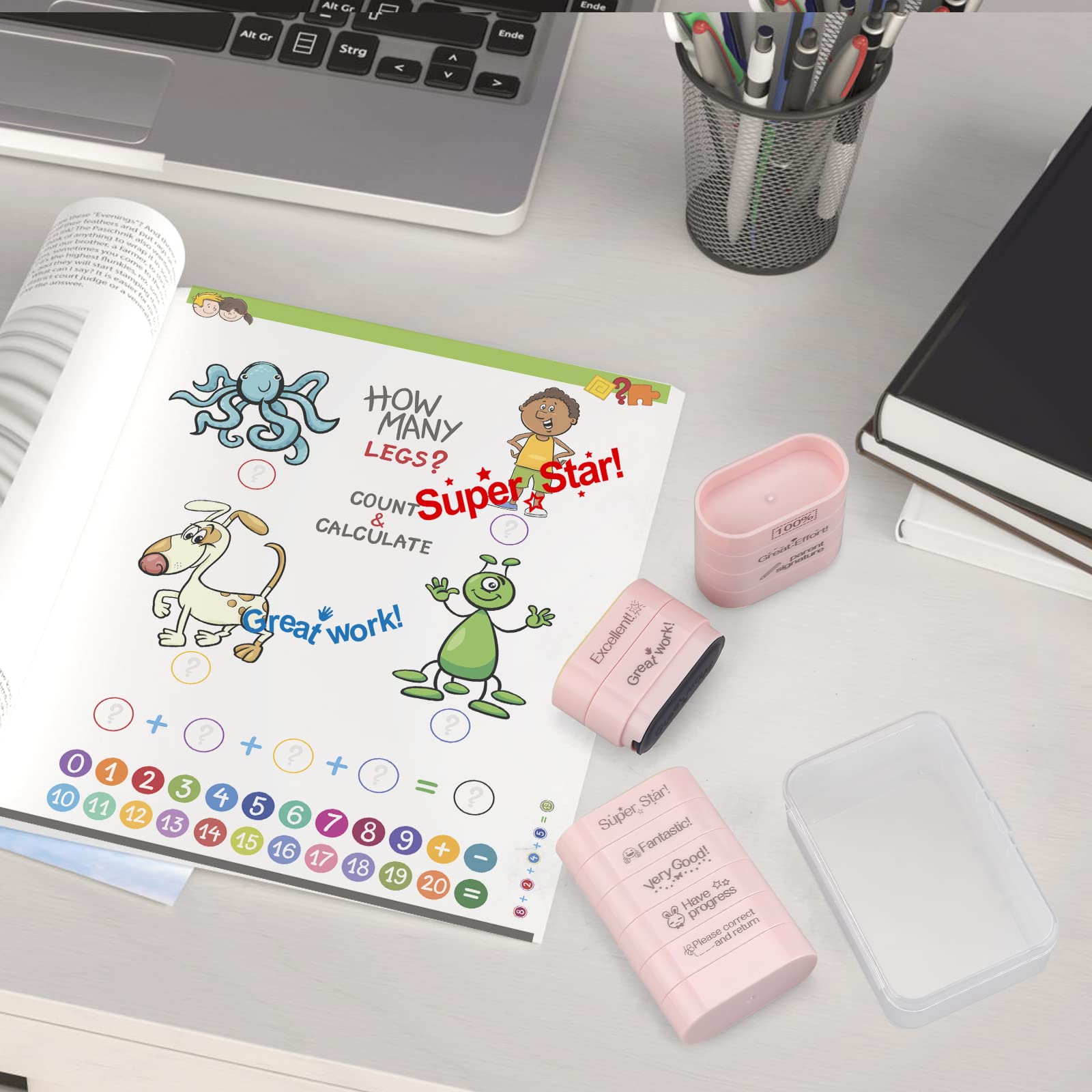 10-Piece Teacher Stamp Set - Pre-Inked Motivational Stamps for Grading (Excellent, Parent Signature, Super Star & Correct) - Classroom & Office Stationery Supplies - Perfect for Homework, Tests & Encouraging Students