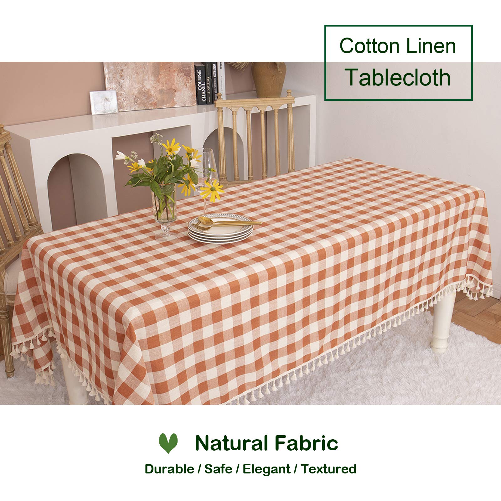 Rustic Gingham Cotton Tablecloth - Buffalo Plaid Kitchen Table Cover for Fall, Thanksgiving & Christmas Decor - 55x102 Inch Rectangle Orange Table Cloth - Perfect for Holiday Dining, Restaurant Decor & Outdoor Picnic Parties
