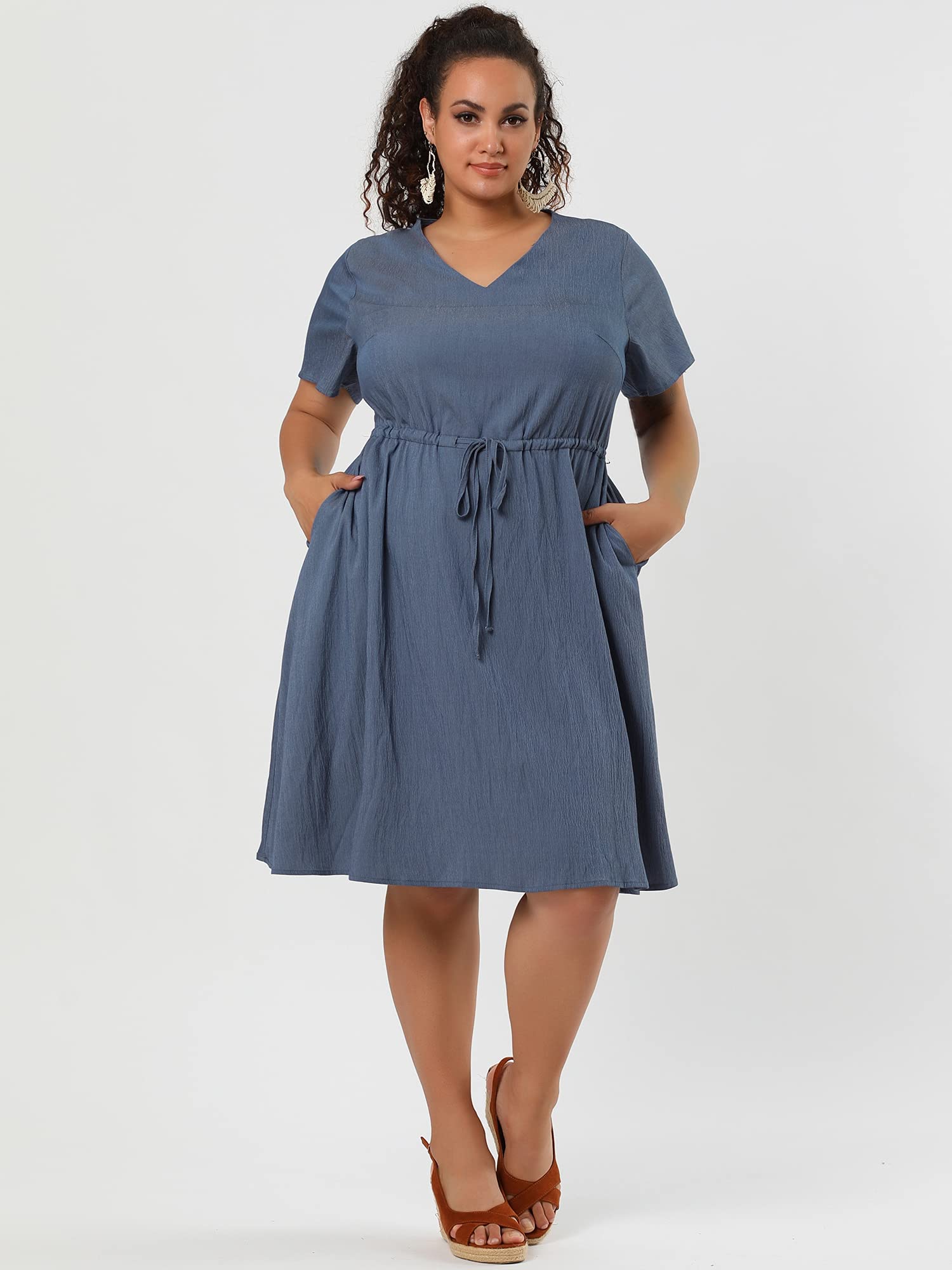 Agnes Orinda Women's Plus Size V-Neck Short Sleeve A-Line Flowy Midi Dress - Chambray Summer Dress 2024 | Casual Wear, Office Outfit, Beach Cover-Up, Date Night Dress